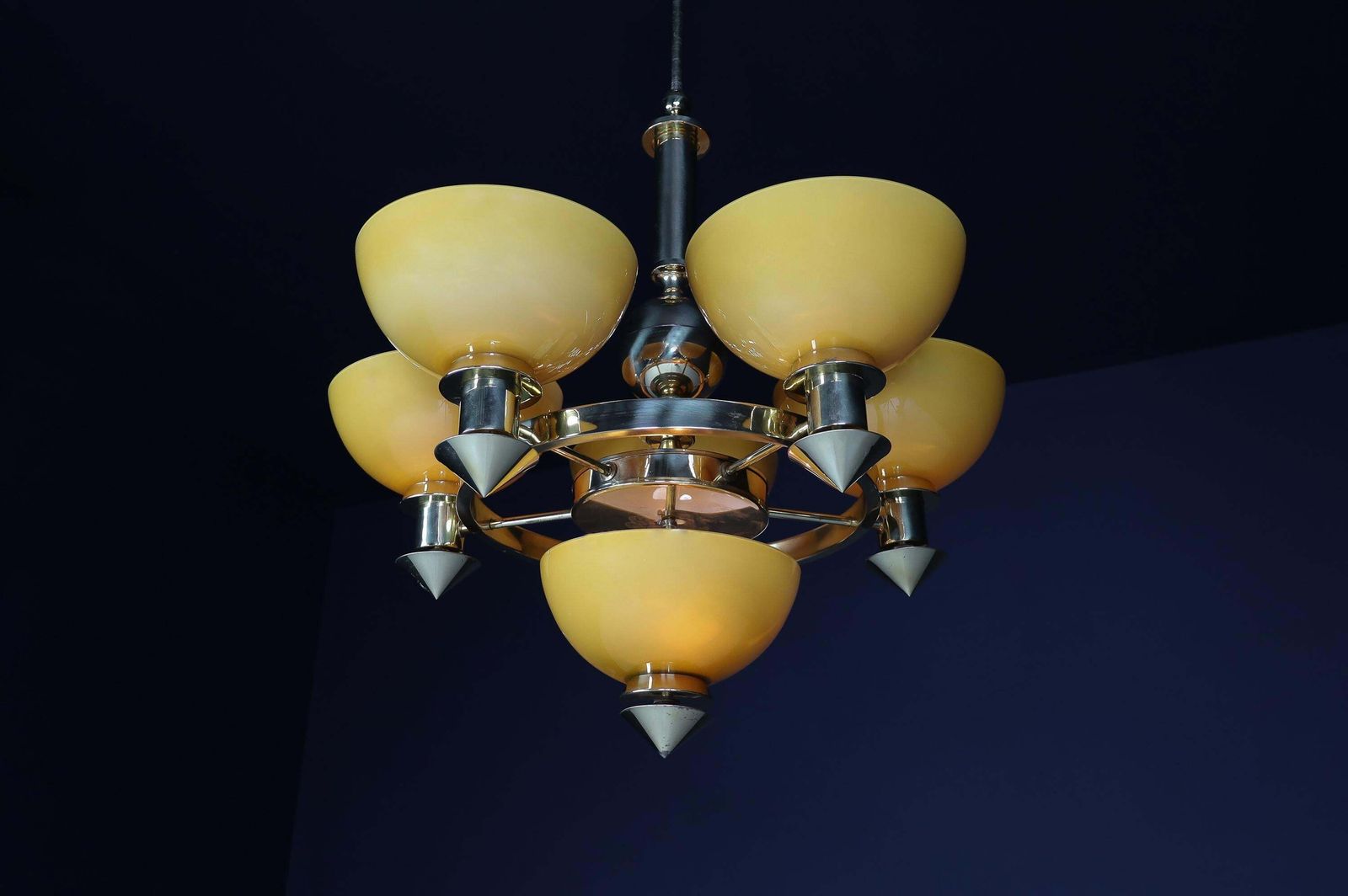 photo buy Sculptural Italian Chandelier In Brass & Amber Gold Opaline Glass, 1970s 12x