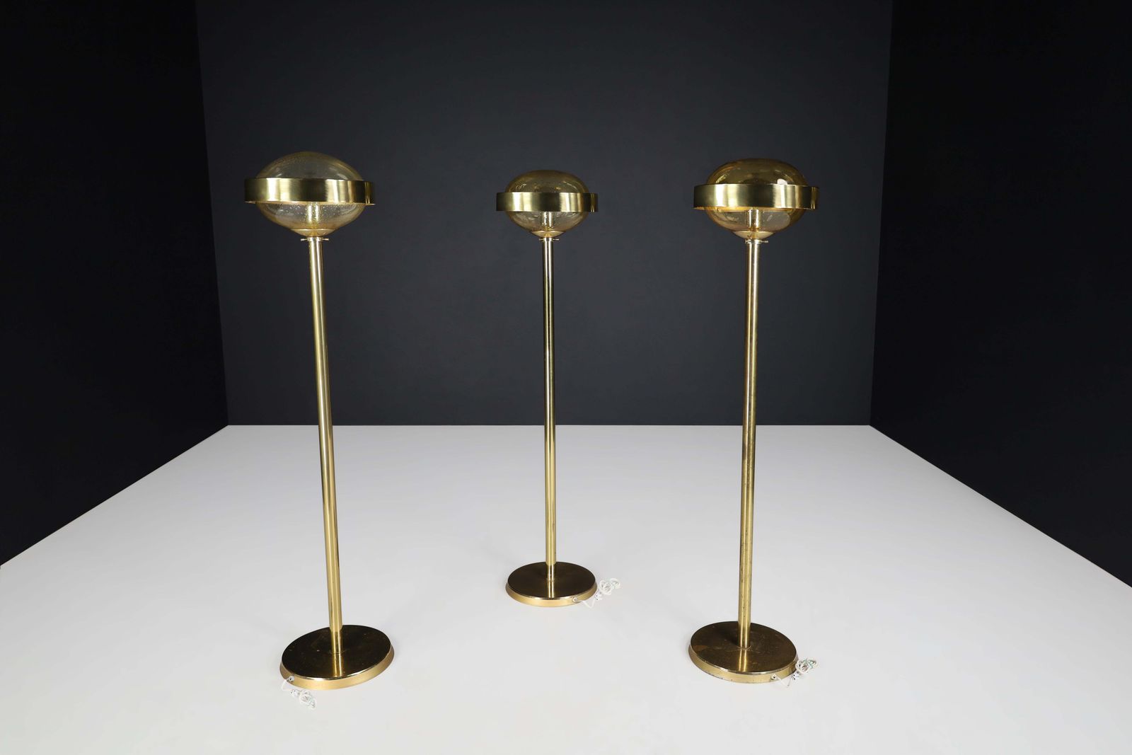 Mid Century Brass Floor Lamp With Hand Blown Glass Shade – Prague, 1960s photo for sale
