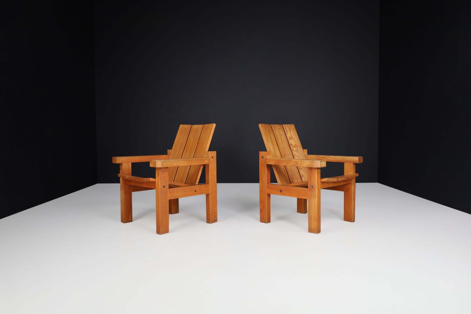 Mid Century Modern, Minimalist Lounge Chairs In Solid Elm, France 1960s photo furniture
