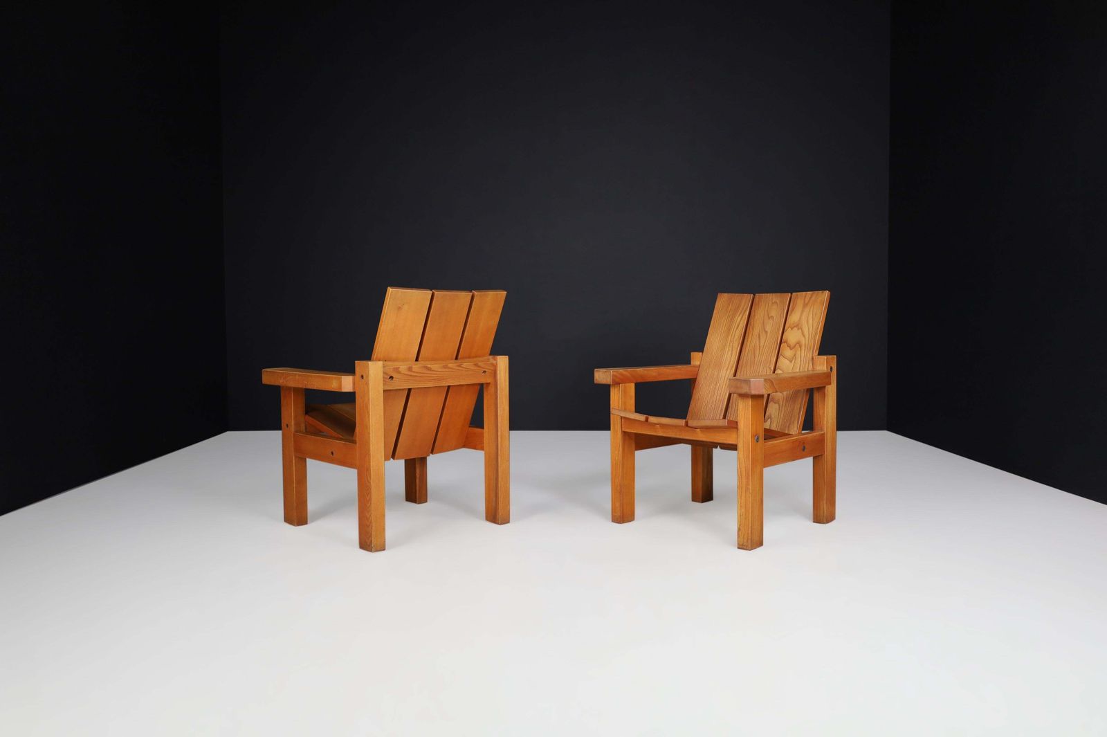 Mid Century Modern, Minimalist Lounge Chairs In Solid Elm, France 1960s photo Furniture