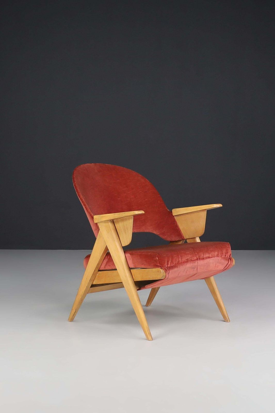 Mid Century Modern Wood And Original Velvet Lounge Chair Made In France, 1950s photo furniture