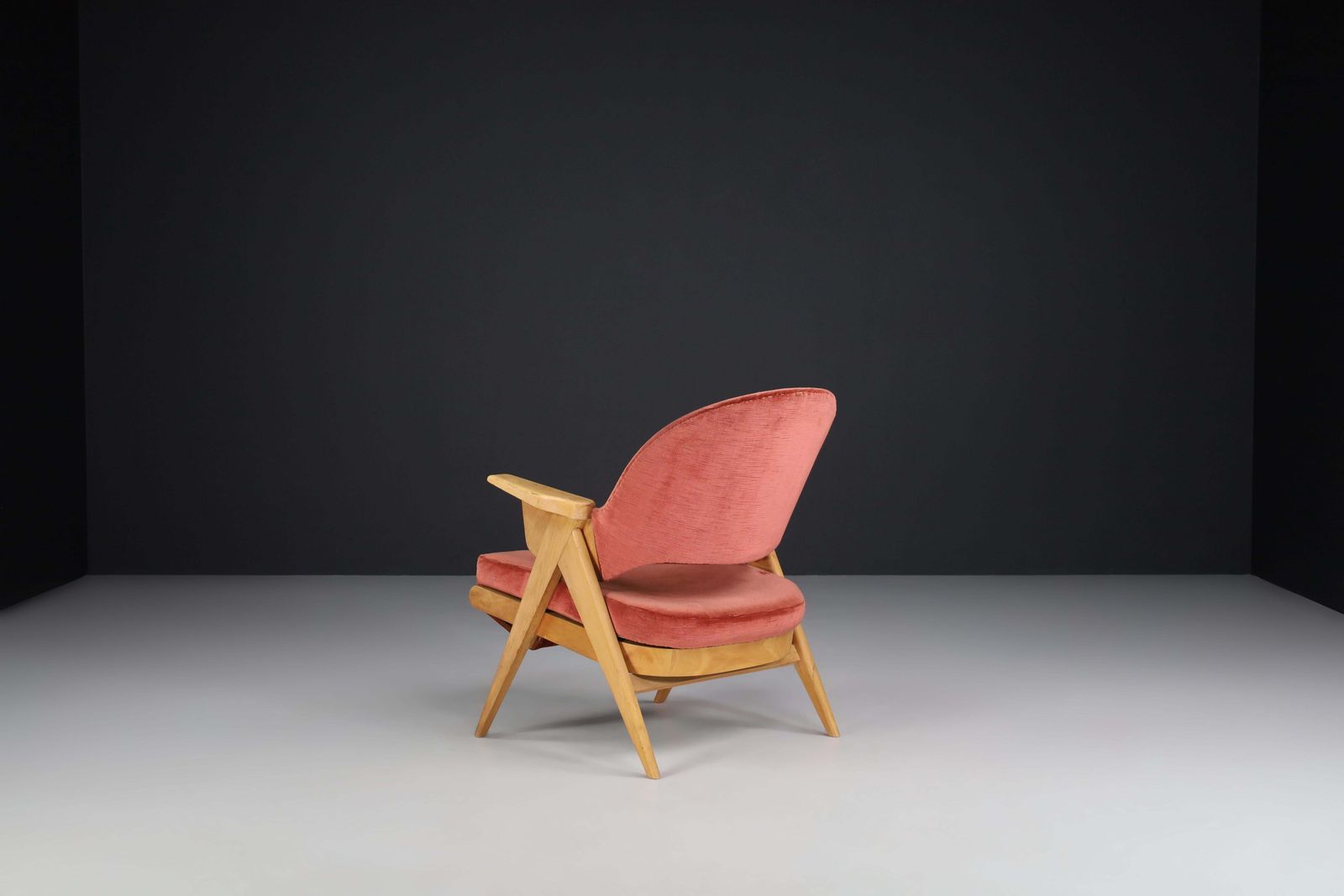 Mid Century Modern Wood And Original Velvet Lounge Chair Made In France, 1950s photo 2036.0