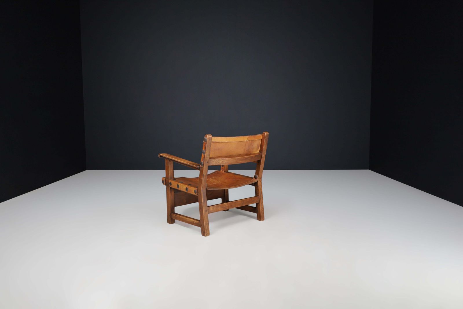 Patinated Wood And Cognac Leather "Spanish Chair" Spain, 1960s photo Furniture