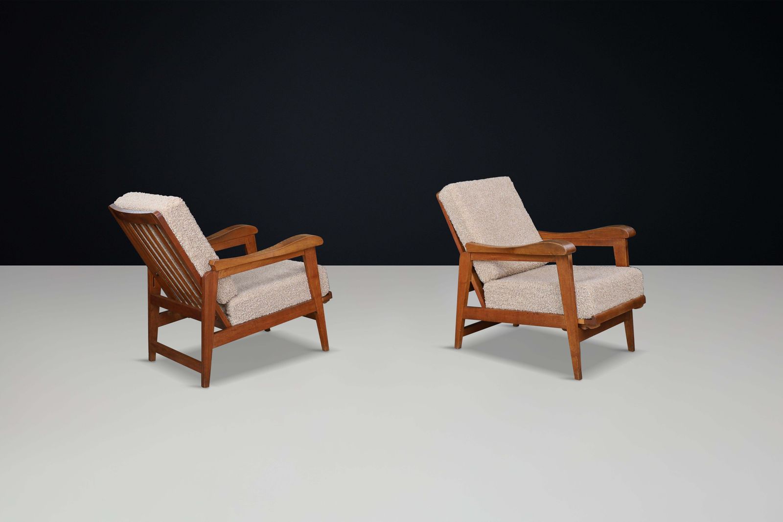 Brutalist Sculptural Adjustable Lounge Chairs In Oak And Teddy Upholstery France photo 3144.0