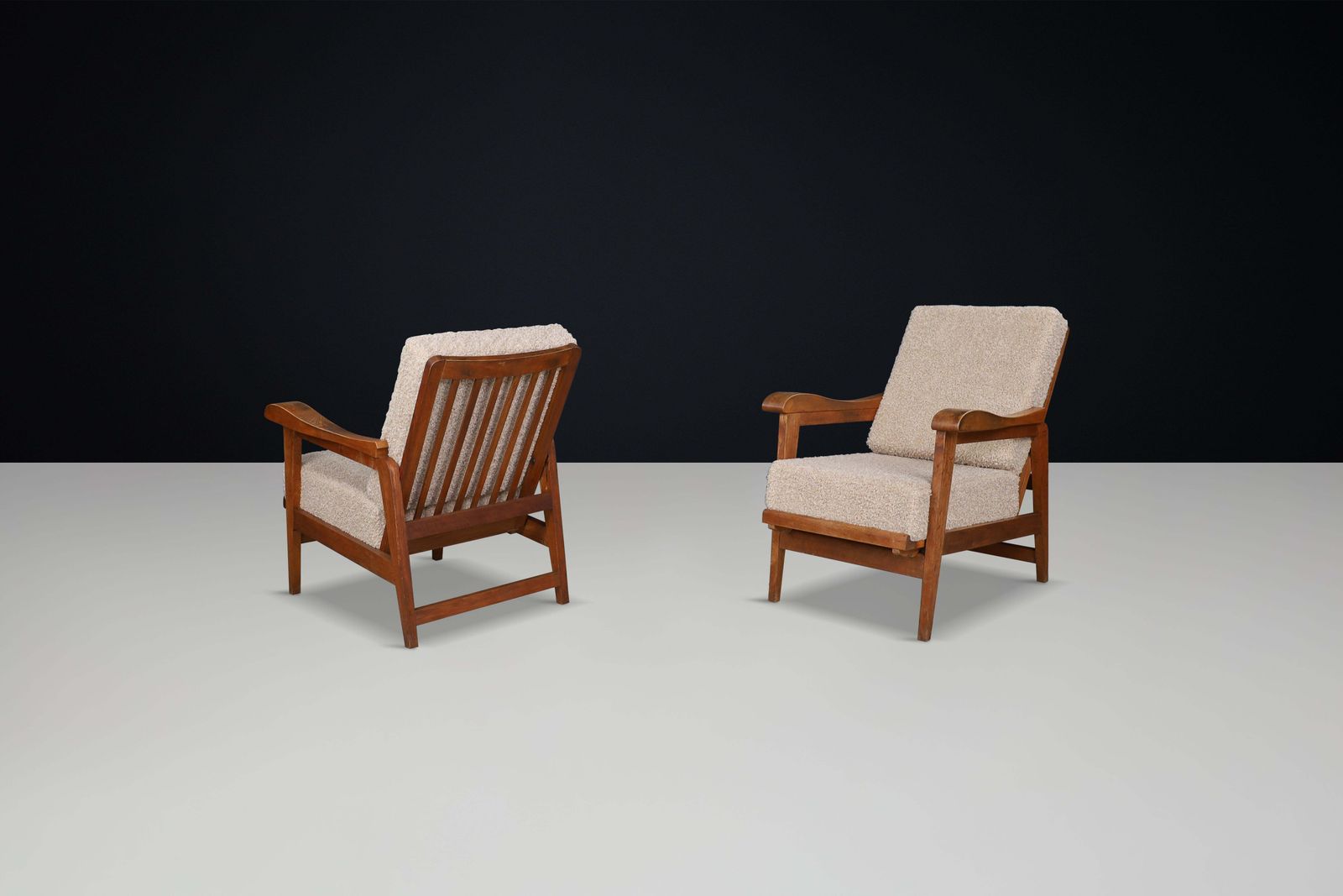 Brutalist Sculptural Adjustable Lounge Chairs In Oak And Teddy Upholstery France photo buy