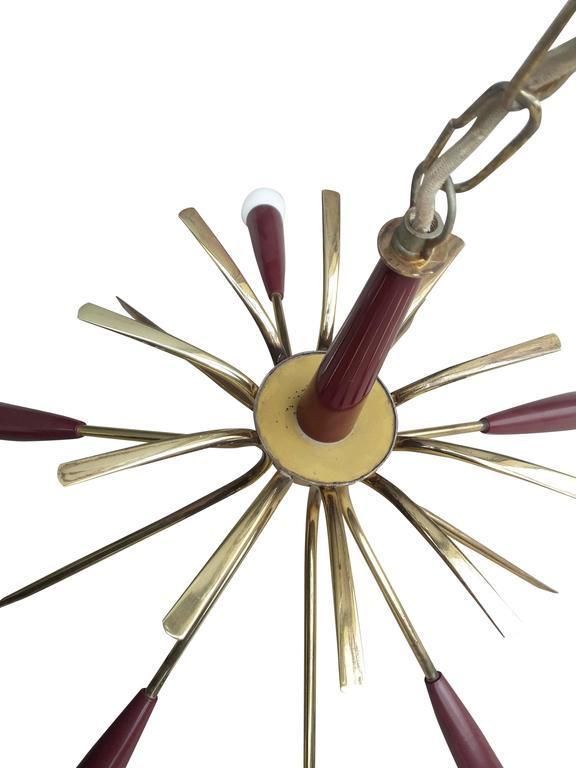 Stilnovo Style Chandelier Modernist Sunburst Brass Fixture Flush Light, 1950s photo furniture
