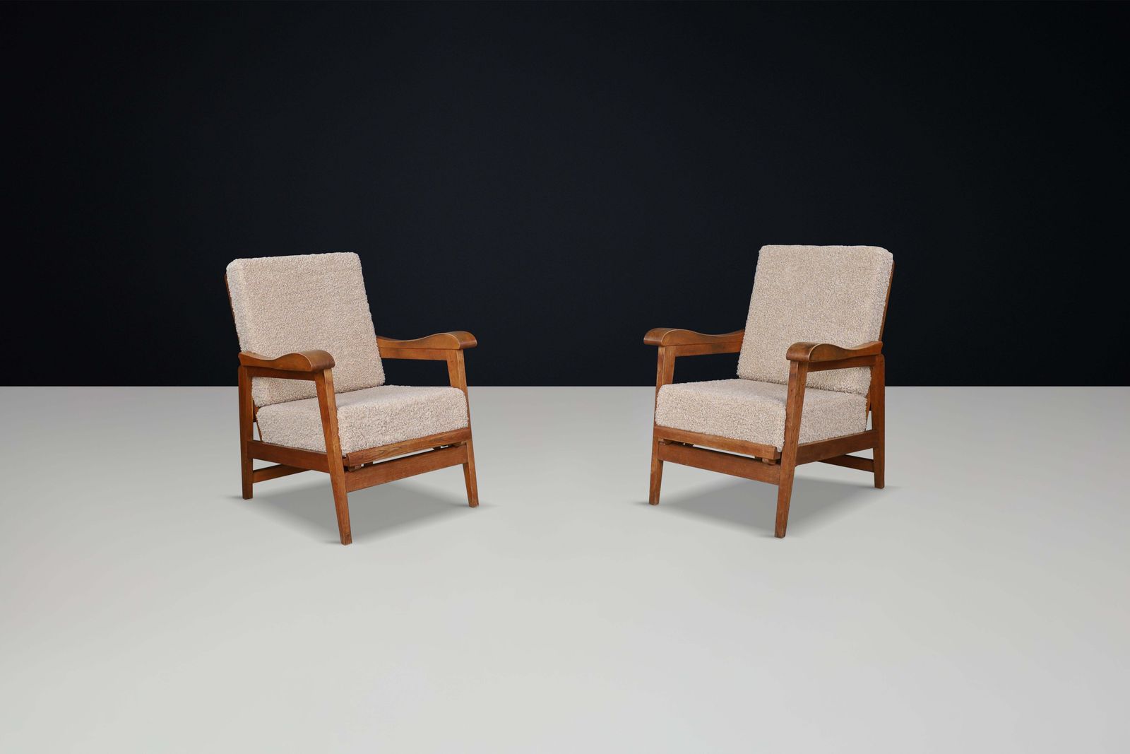 photo for sale Brutalist Sculptural Adjustable Lounge Chairs In Oak And Teddy Upholstery France