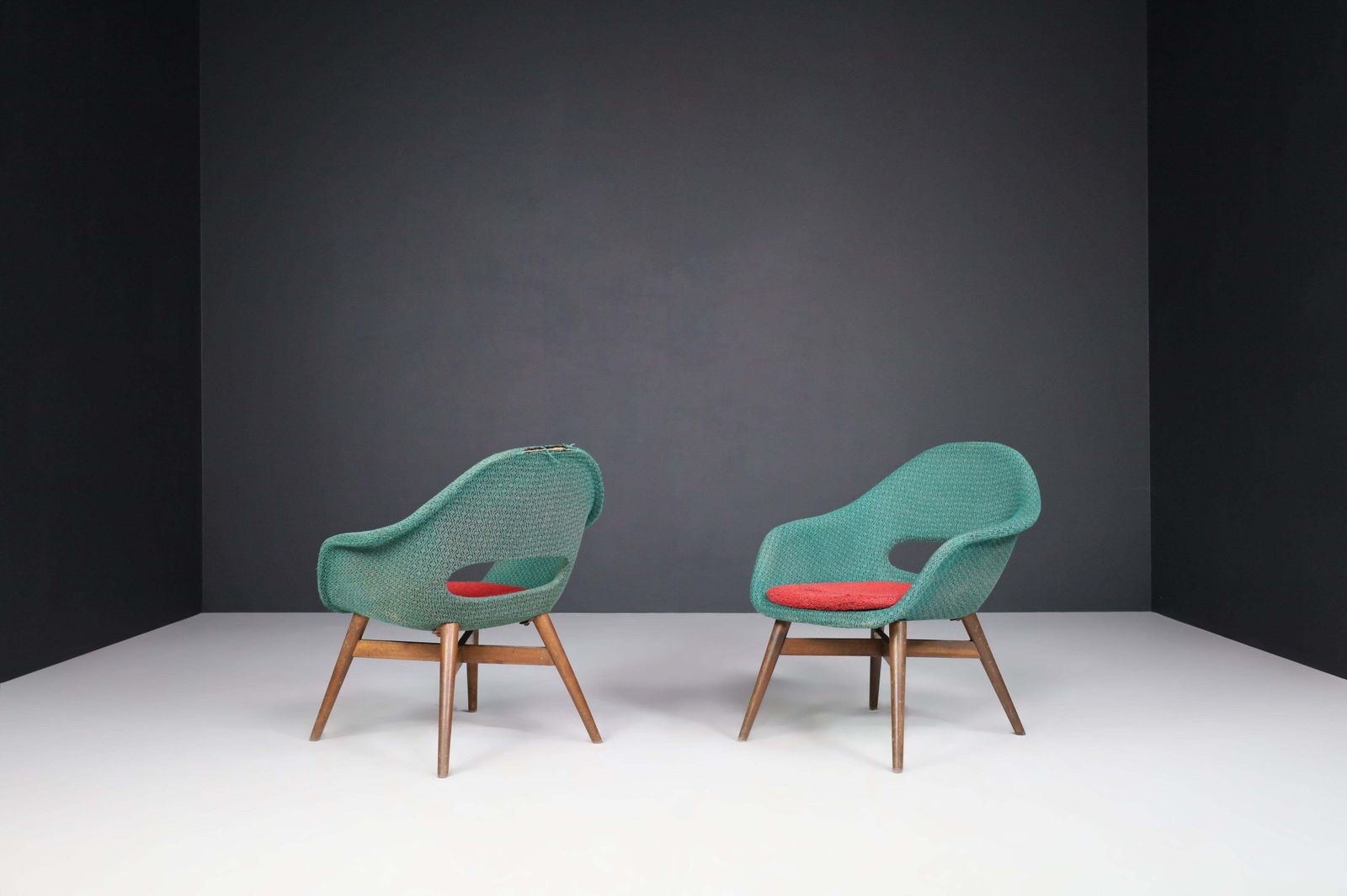 Miroslav Navratil Easy Chairs In Original Green & Red Fabric, 1960 photo for sale