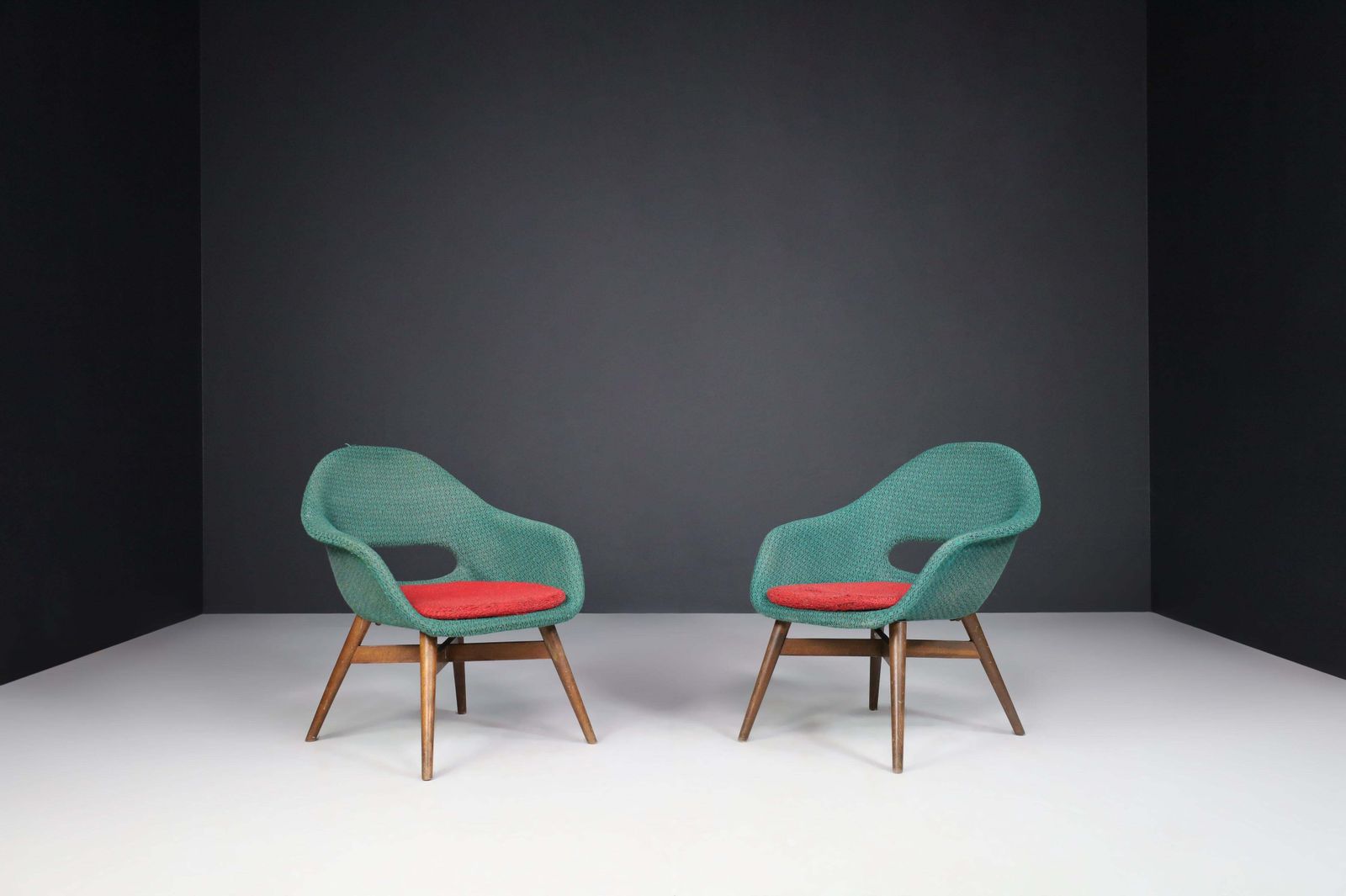 Furniture Miroslav Navratil Easy Chairs In Original Green & Red Fabric, 1960 photo