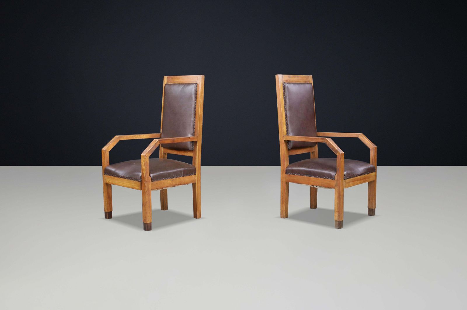 Pair Of Giovanni Michelucci Patinated Oak And Leather Armchairs, Italy, 1930s photo vinterior