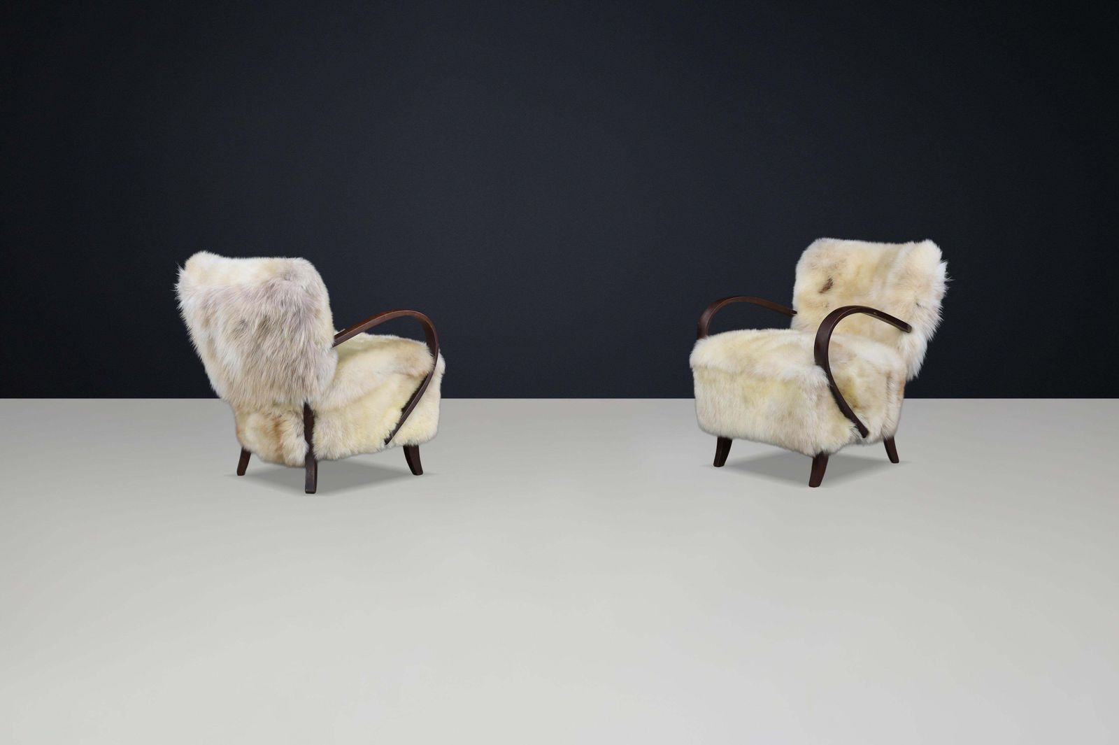 photo for sale 1930s Jindřich Halabala Bentwood Lounge Chairs In Sheepskin, Thonet
