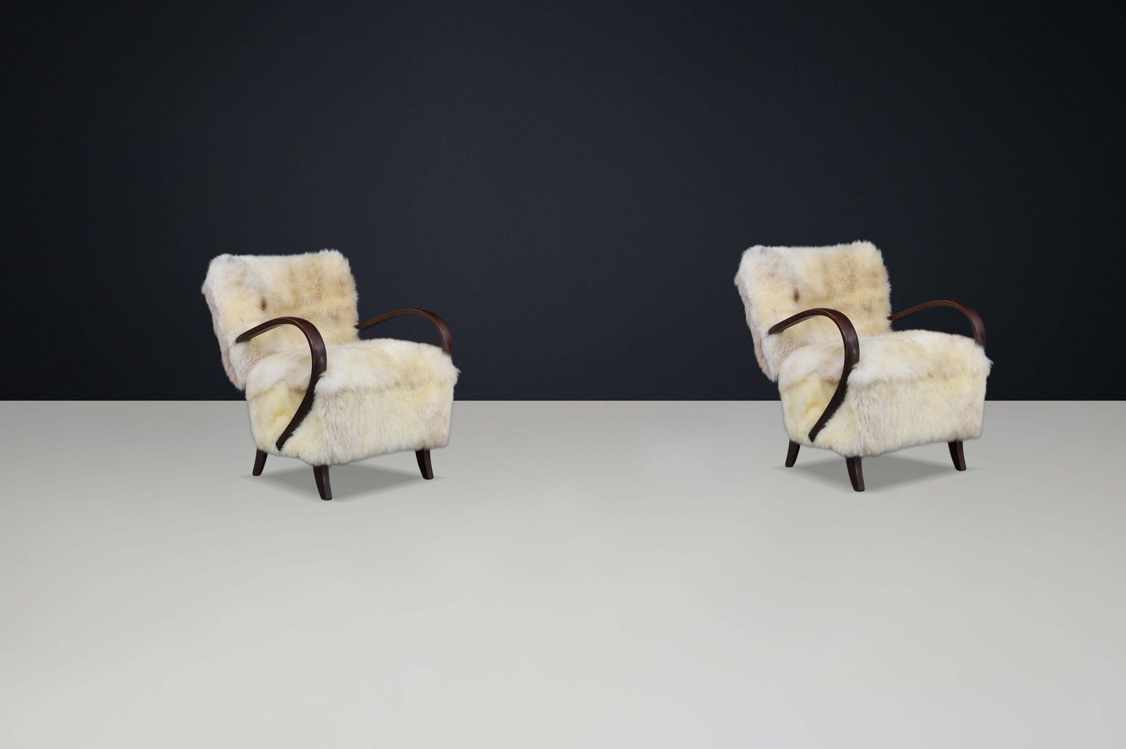 Furniture 1930s Jindřich Halabala Bentwood Lounge Chairs In Sheepskin, Thonet photo