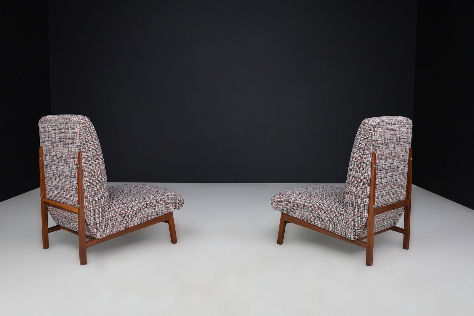Furniture Mid Century Modern Walnut & Newly Upholstered Lounge Chairs, Italy, 1960s photo
