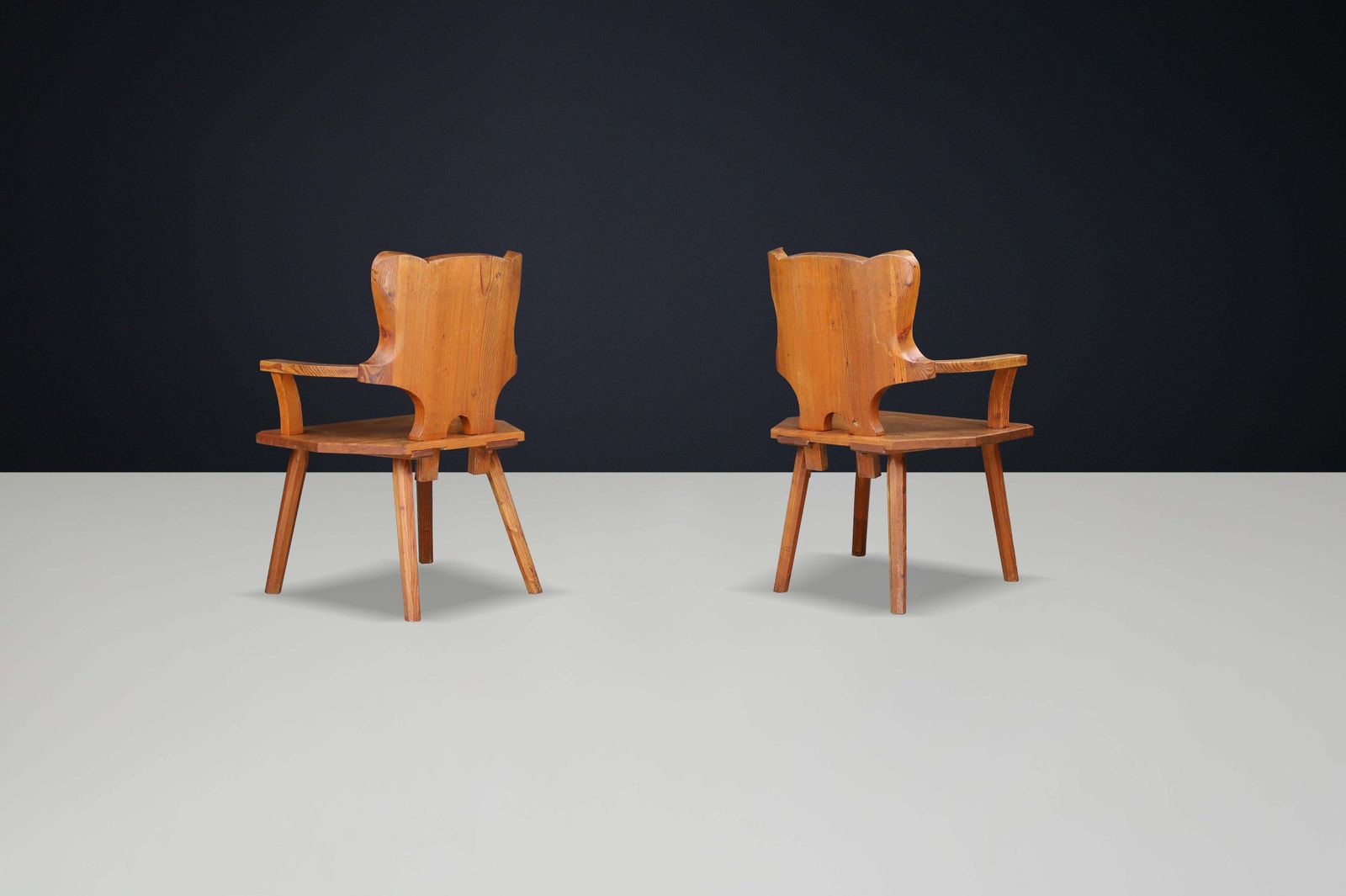 Monumental Swedish Pine Armchairs, 1950s – Sculptural Rustic Modernism photo Furniture