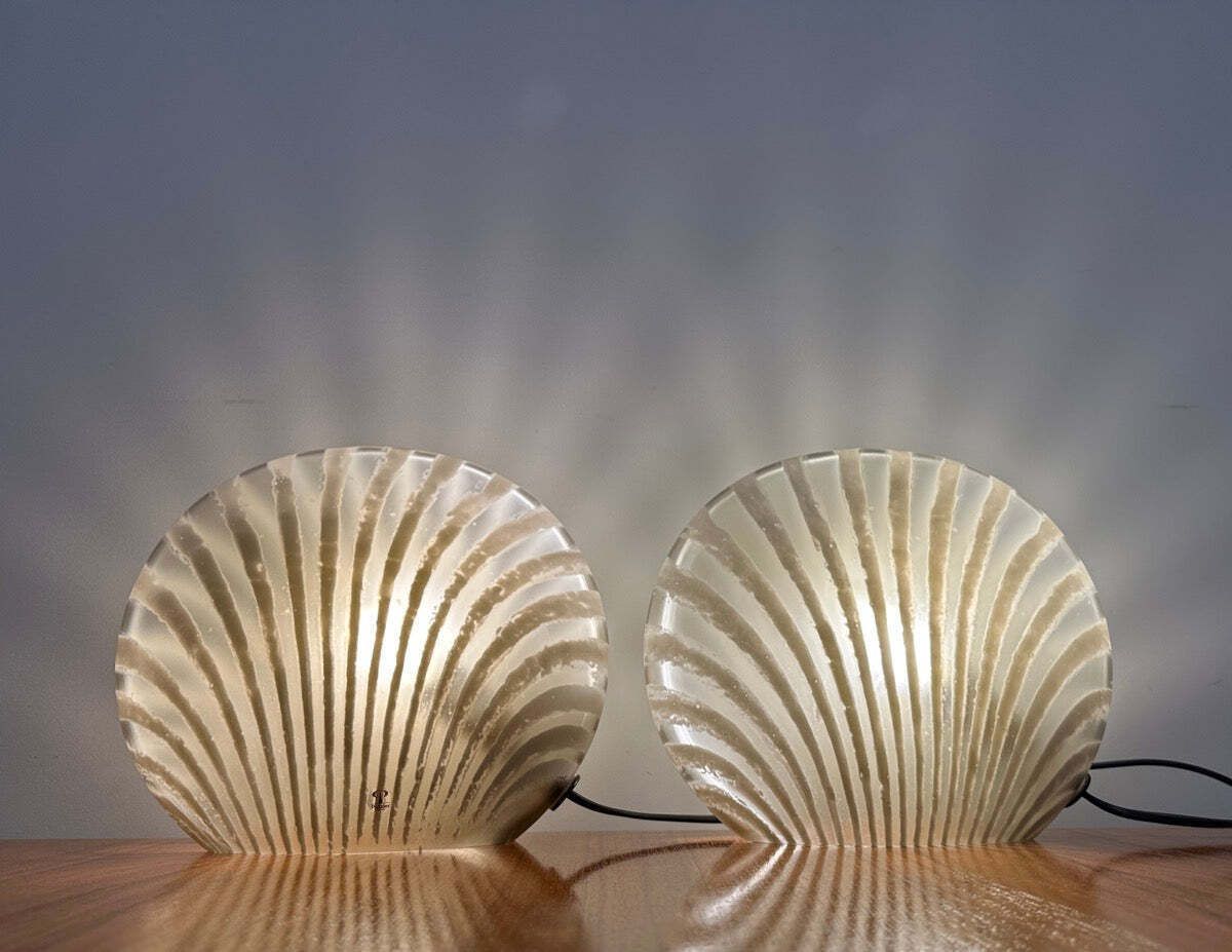 Pair Of 1970s German Peill & Putzler "Zebra" Shell Gold Tinted Striped Glass Table Lamps photo for sale