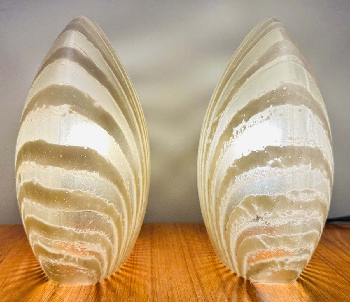 Pair Of 1970s German Peill & Putzler "Zebra" Shell Gold Tinted Striped Glass Table Lamps photo buy