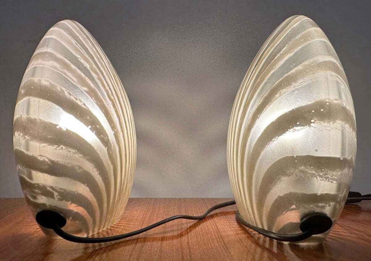 775.0 Pair Of 1970s German Peill & Putzler "Zebra" Shell Gold Tinted Striped Glass Table Lamps photo