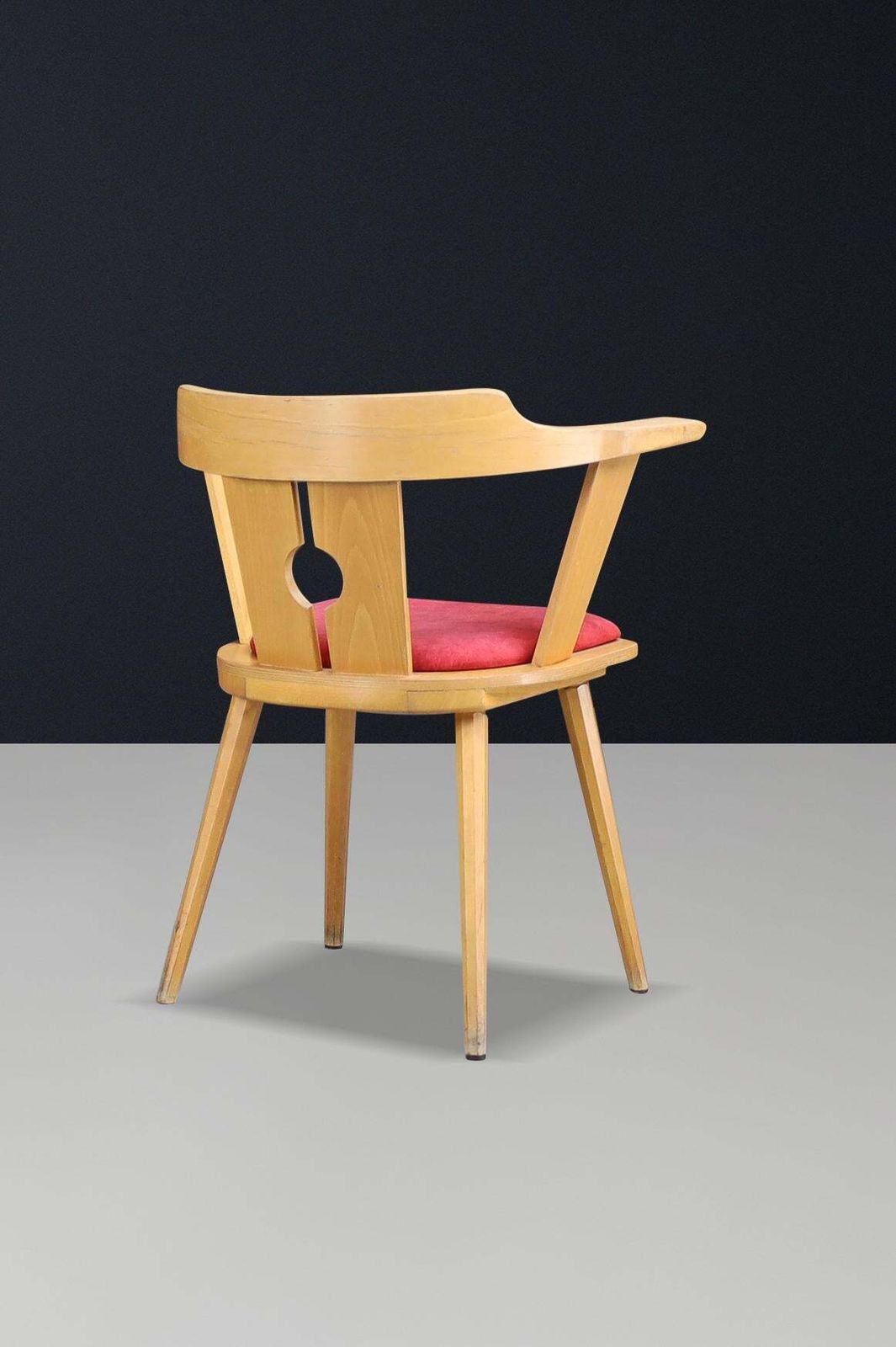 Mid Century French Bistro Armchair In Beech And Red Upholstery, 1950s photo vintage