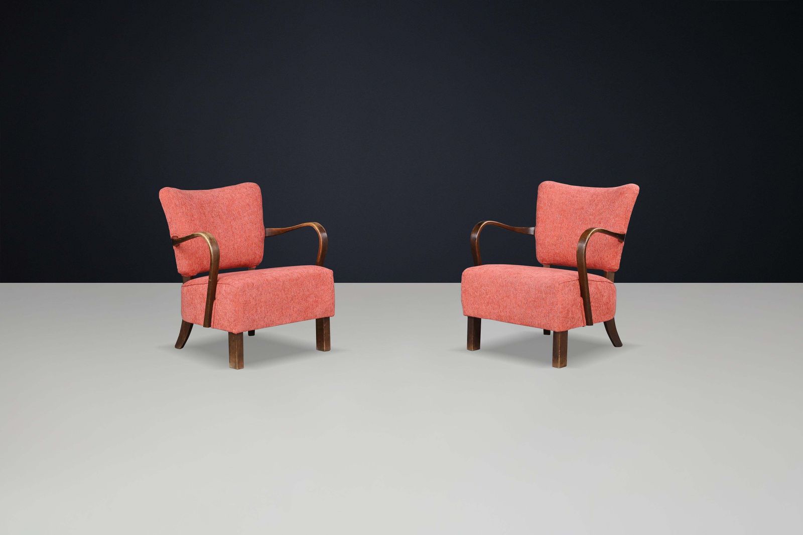 Jindrich Halabala Re Upholstered Patinated Bentwood Lounge Chairs From The 1930s photo furniture