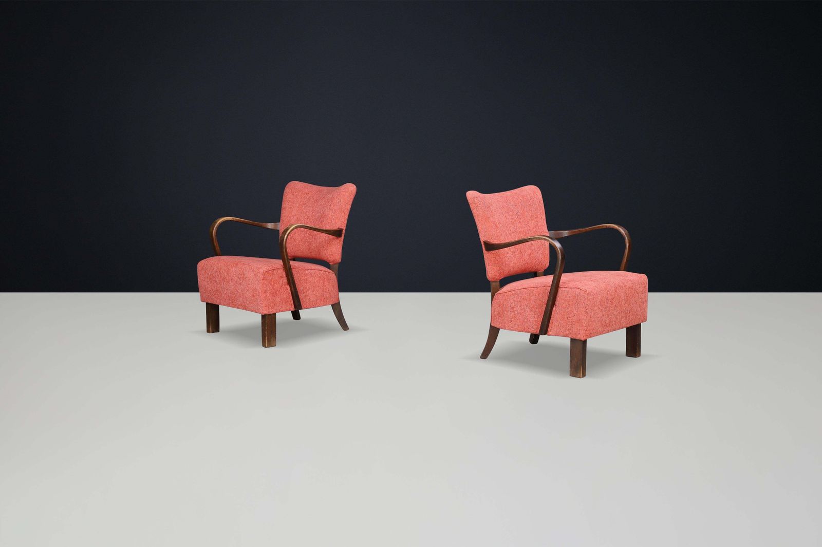 Jindrich Halabala Re Upholstered Patinated Bentwood Lounge Chairs From The 1930s photo Furniture