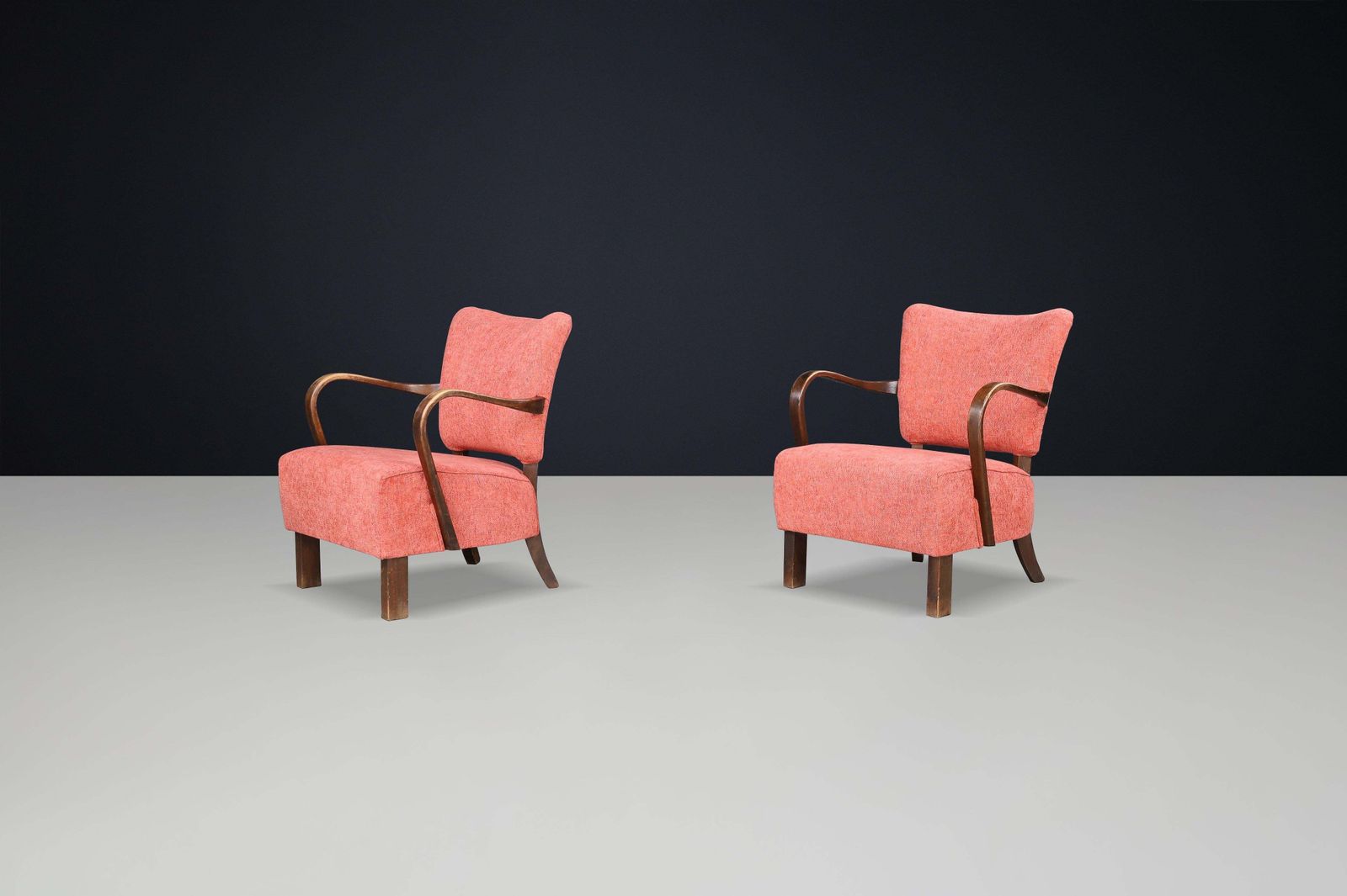 Jindrich Halabala Re Upholstered Patinated Bentwood Lounge Chairs From The 1930s photo buy