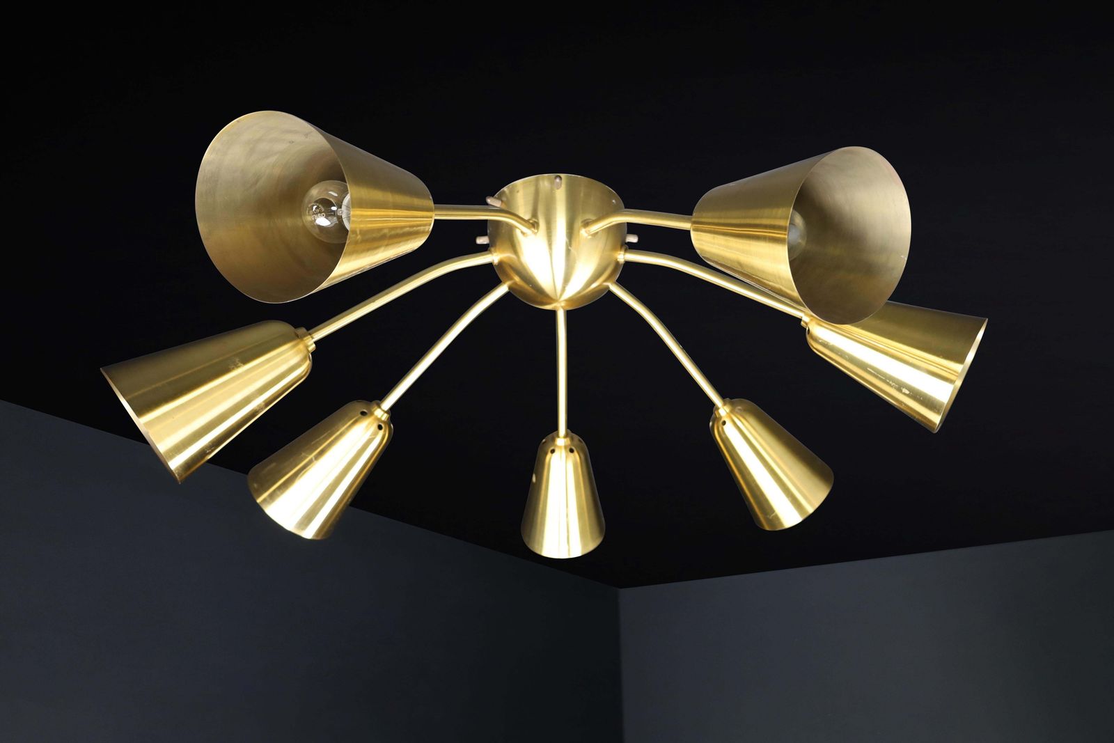 Set Of Four Restored Italian Mid Century Solid Brass Sputnik Chandelier, 1950s photo furniture