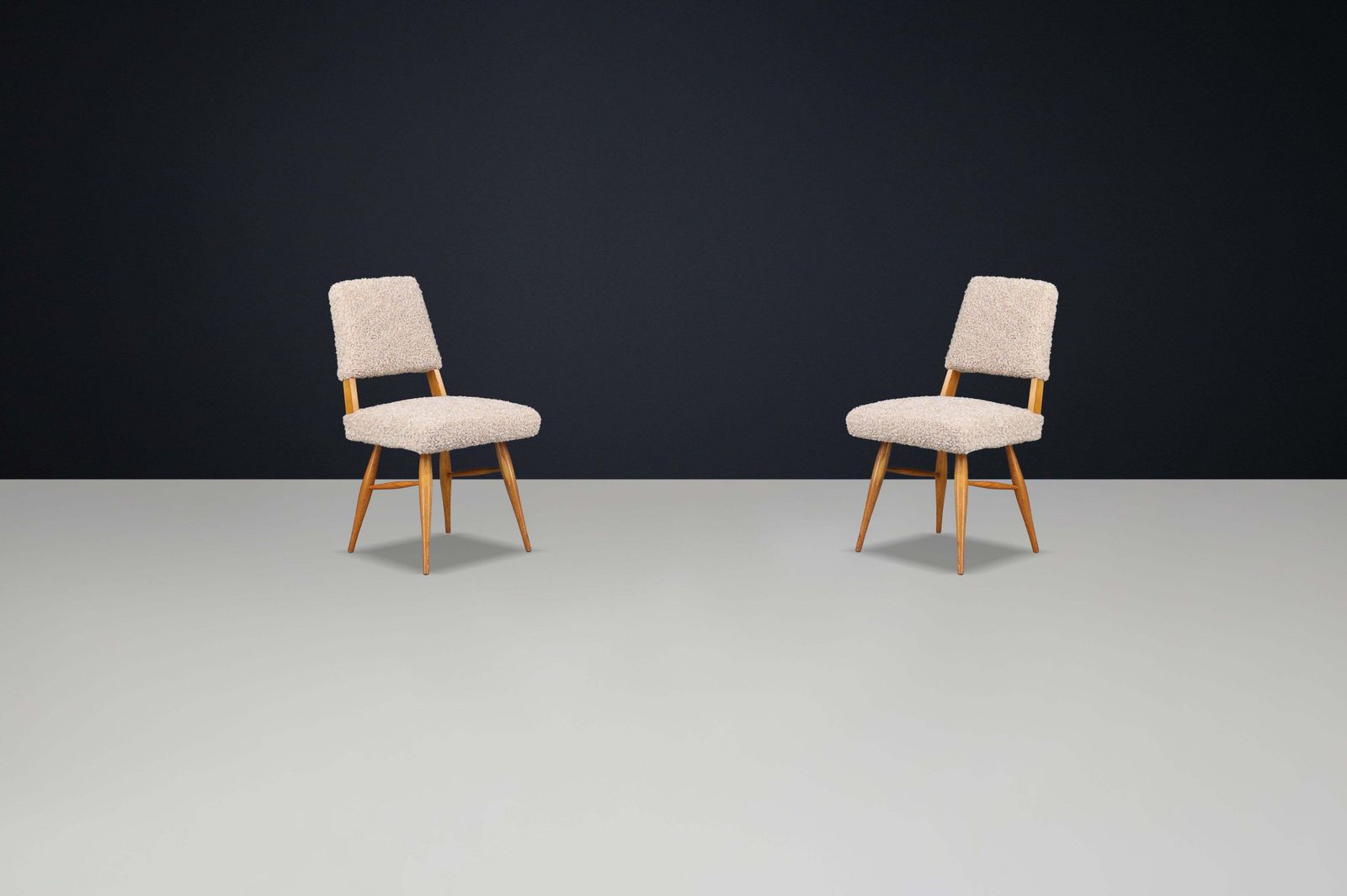 Sculptural Mid Century Dining Chairs In Ashwood With Soft Beige Teddy Upholstery photo Furniture