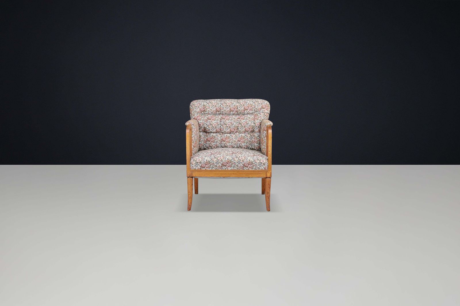 Elegant 1930s French Art Deco Oak Armchair With Original Floral Upholstery. photo vintage