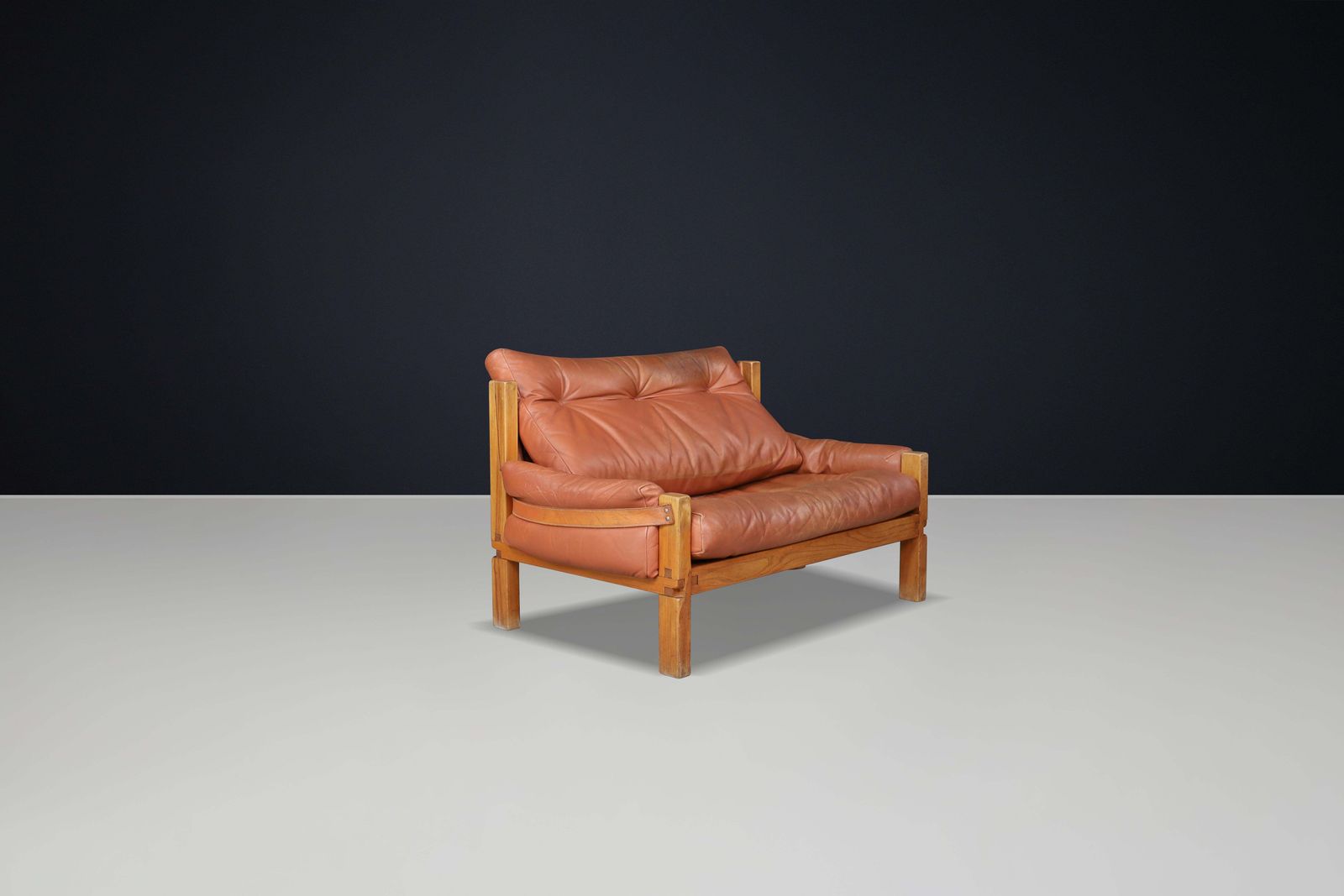 photo buy Pierre Chapo, S18y “Love Seat” Bench In Elm And Patinated Leather, France, 1970s