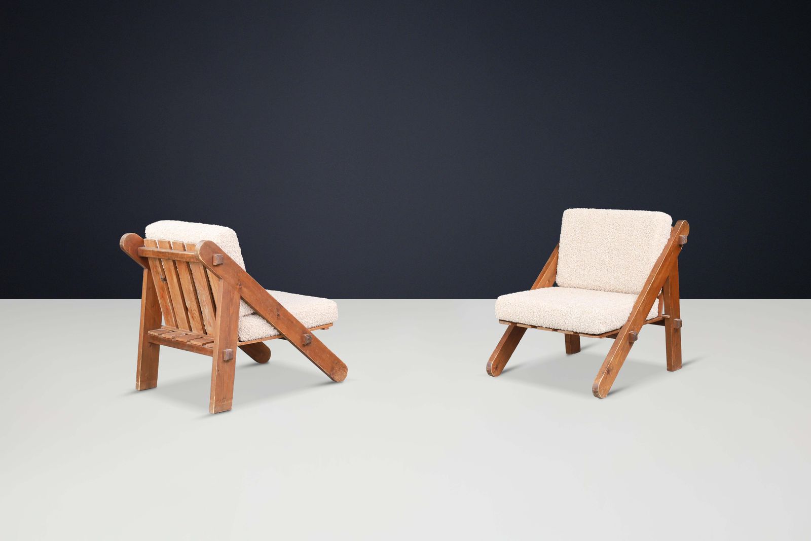 Pinewood Lounge Chairs In New Teddy Upholstery, France, 1970s photo buy
