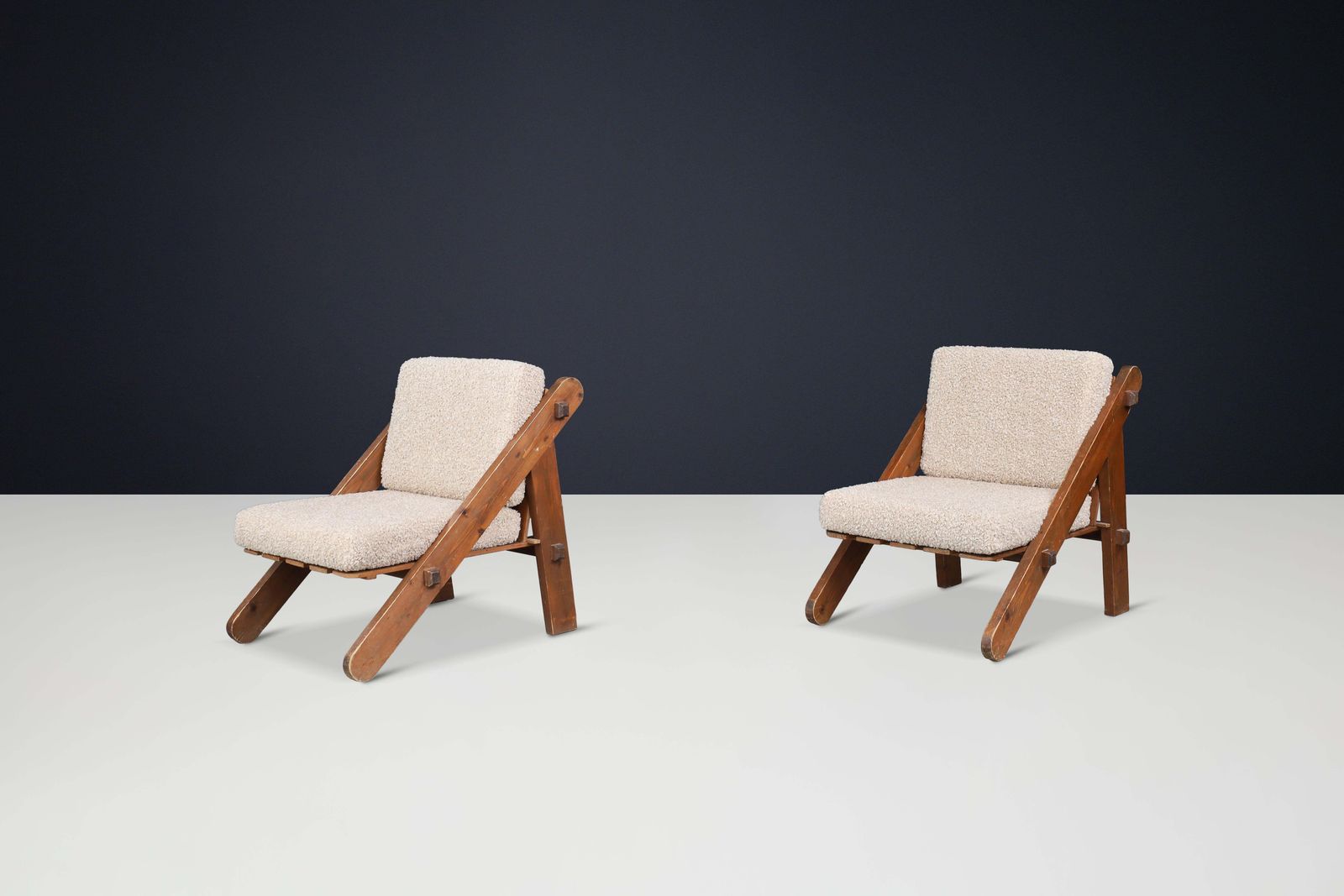 Pinewood Lounge Chairs In New Teddy Upholstery, France, 1970s photo vintage