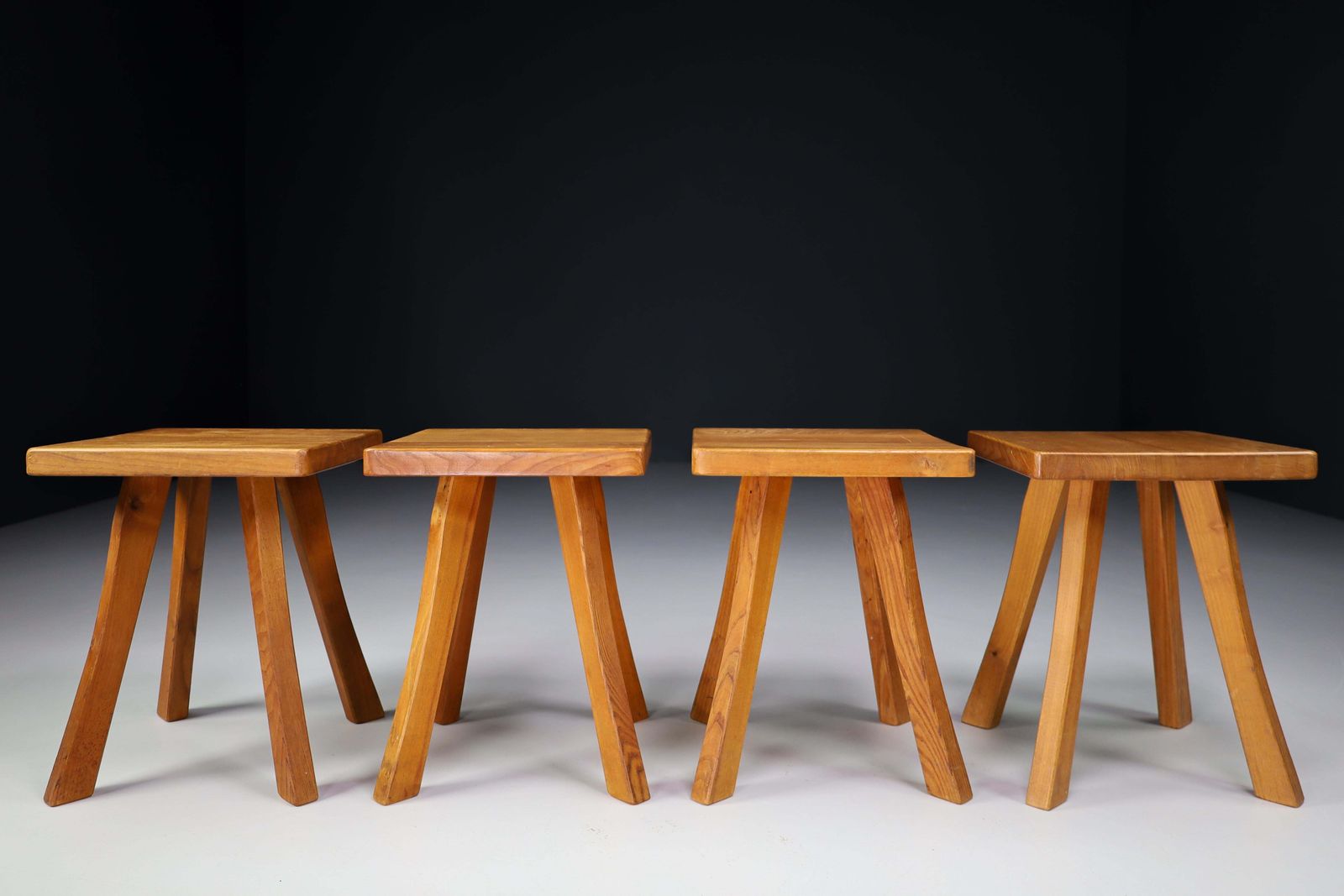Set/4 Midcentury Elm French Stools In The Style Of Charlotte Perriand France, 50s photo furniture