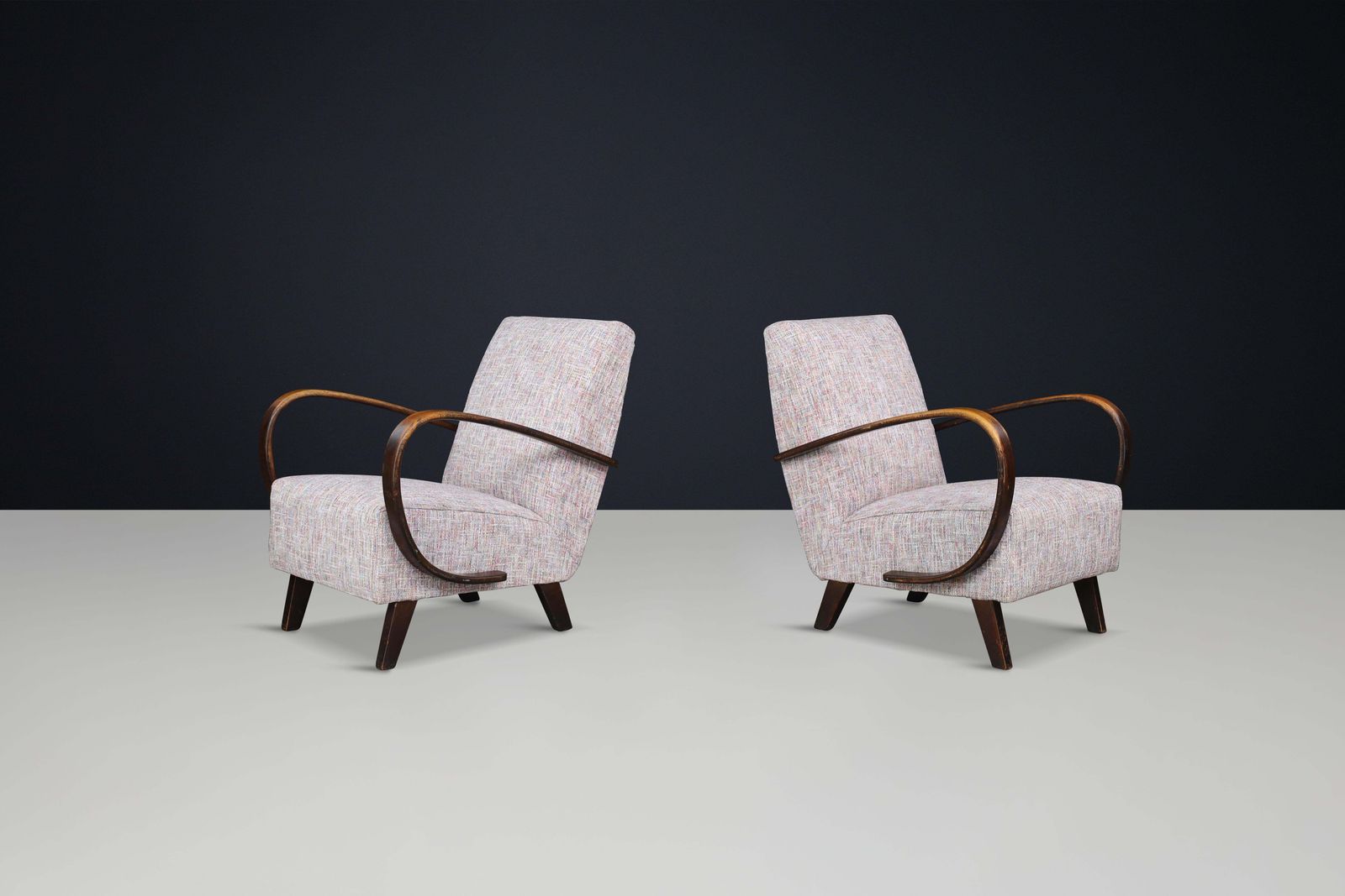 Jindrich Halabala Re Upholstered Patinated Bentwood Lounge Chairs, 1940s photo Furniture