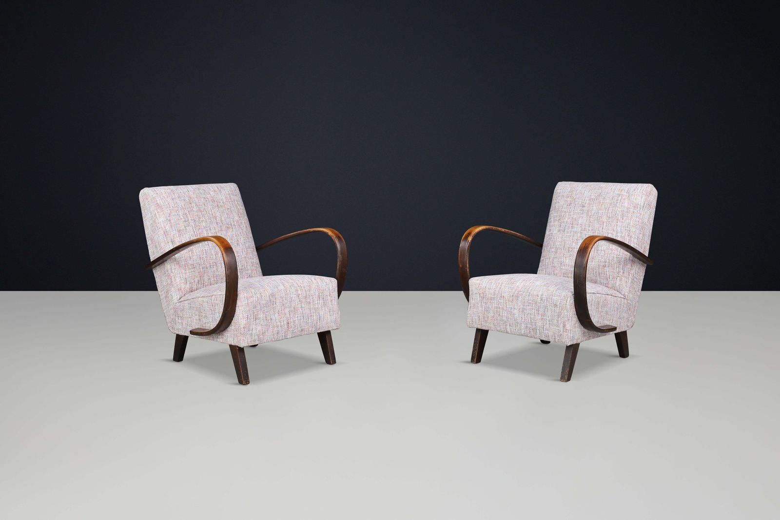photo furniture Jindrich Halabala Re Upholstered Patinated Bentwood Lounge Chairs, 1940s