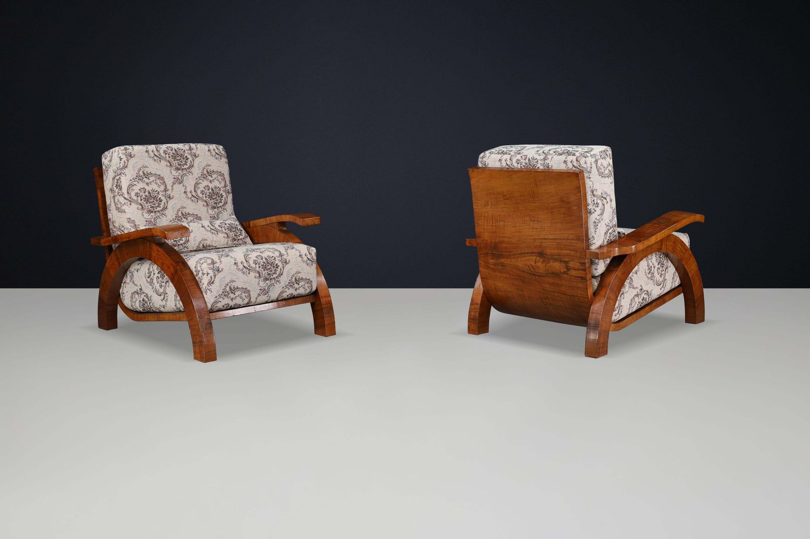 Monumental Pair Of 1930s Czech Art Deco Lounge Chairs In Walnut. photo vintage