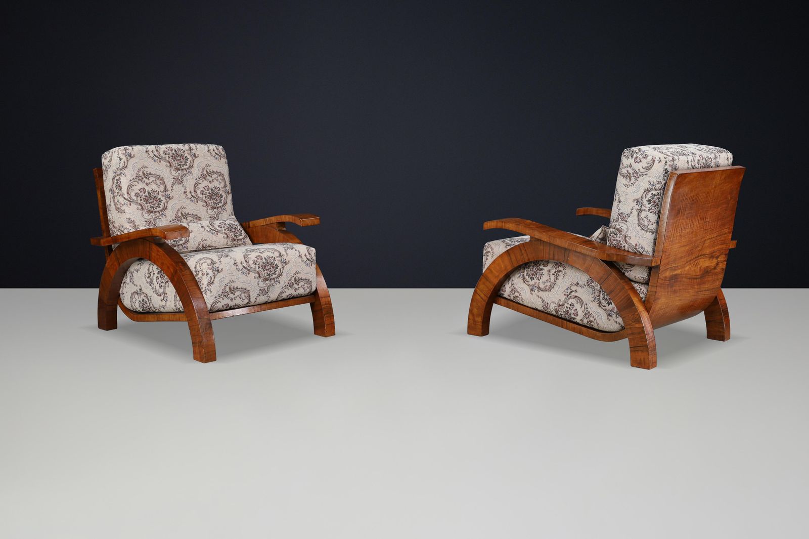 photo furniture Monumental Pair Of 1930s Czech Art Deco Lounge Chairs In Walnut.