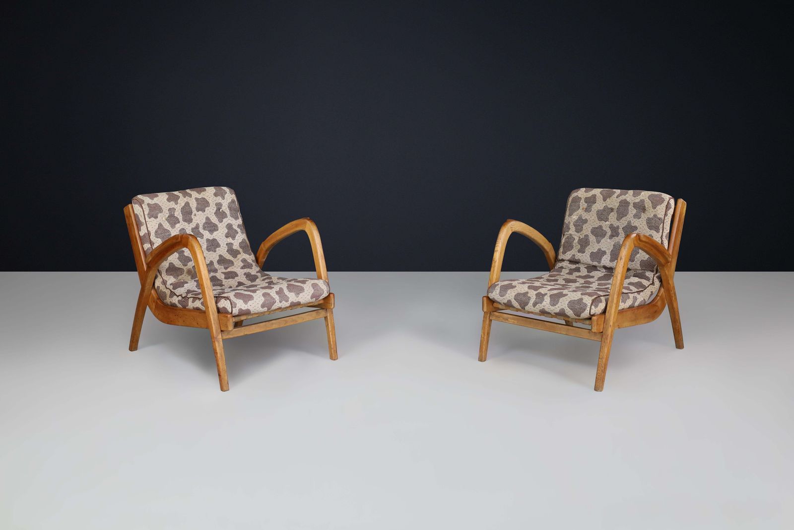 Pair Of Jan Vaněk Curved Easy Chairs In Ash With Original Upholstery, Cz 1950s photo for sale