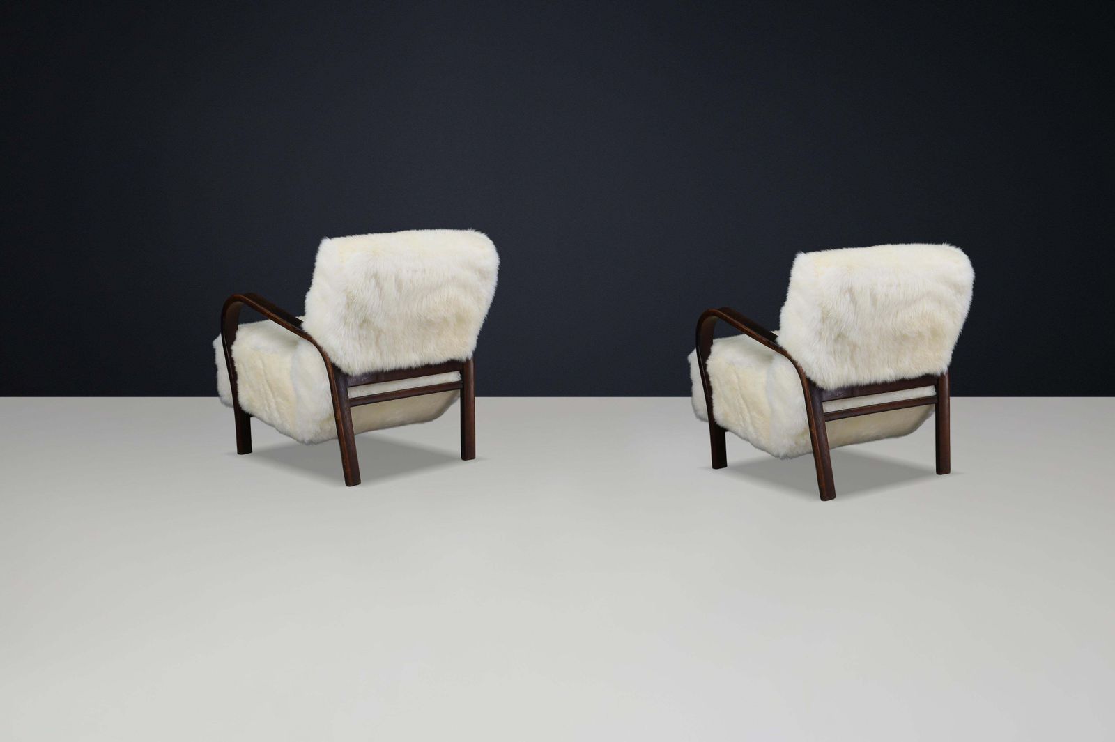 1940s Kozelka & Kropacek Armchairs In Ivory Texel Sheepskin Dark Patinated Frame photo buy