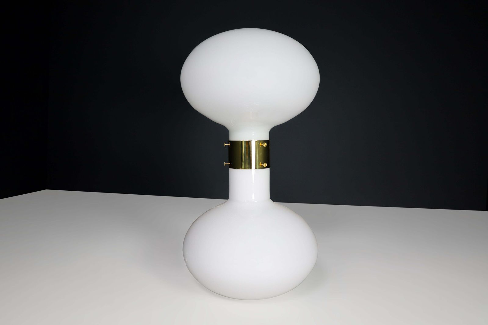 Large  Brass And Opaline Glass Floor Table Lamp, Italy 1970s photo for sale