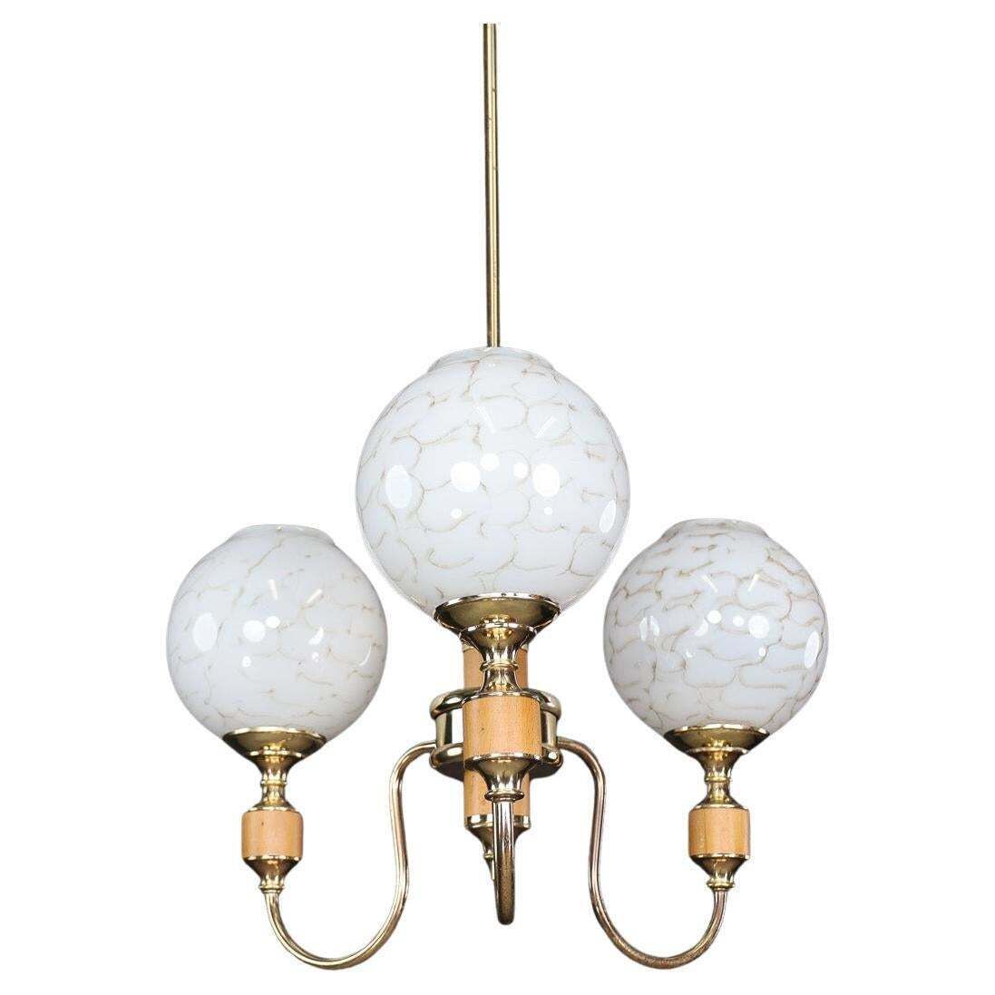 Mid Century Modern Brass And Art Glass Chandelier, Czech Republic 1970s