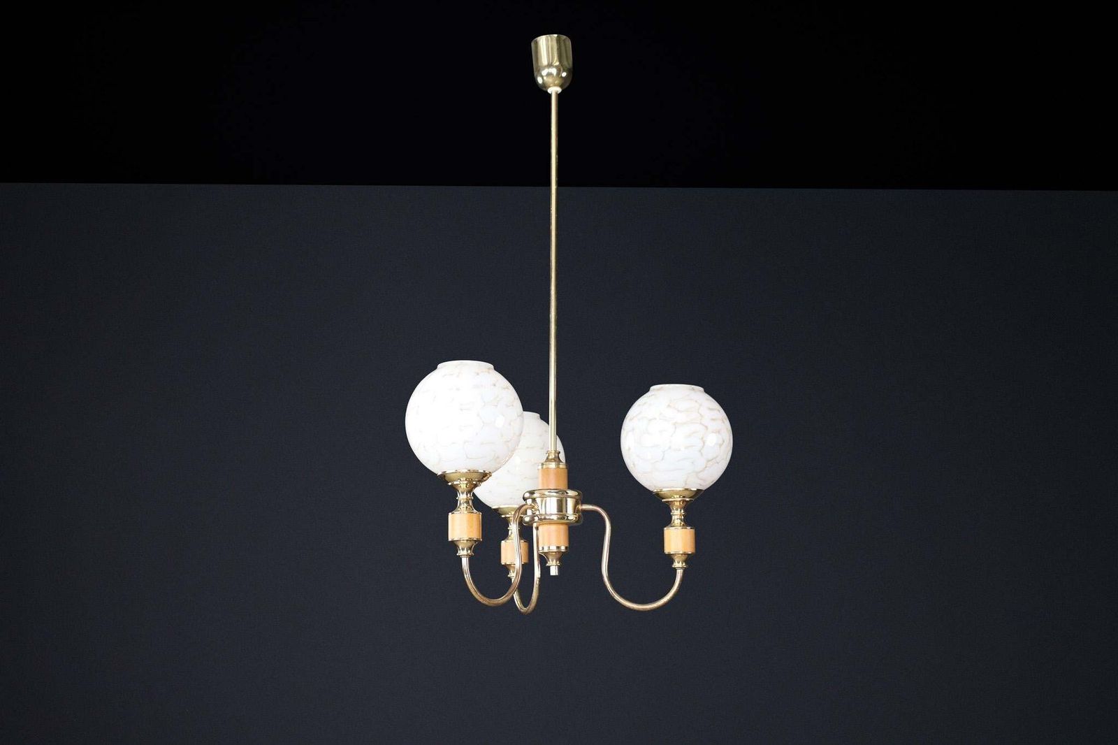 Mid Century Modern Brass And Art Glass Chandelier, Czech Republic 1970s photo Lighting
