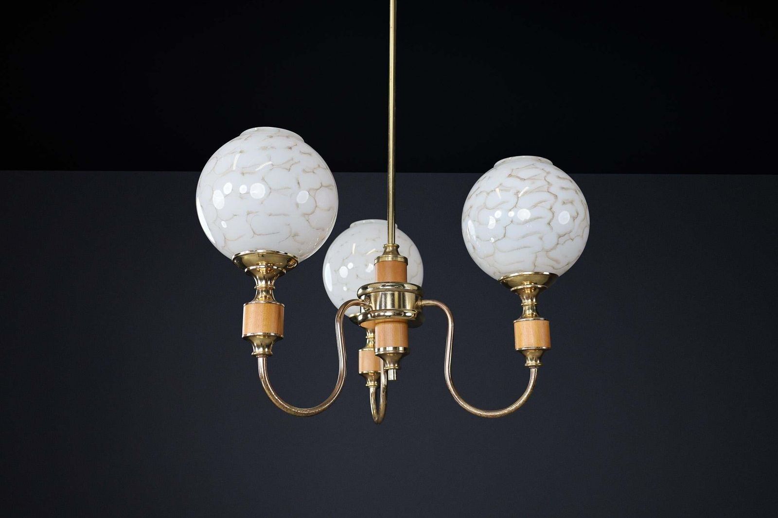 Mid Century Modern Brass And Art Glass Chandelier, Czech Republic 1970s photo vintage