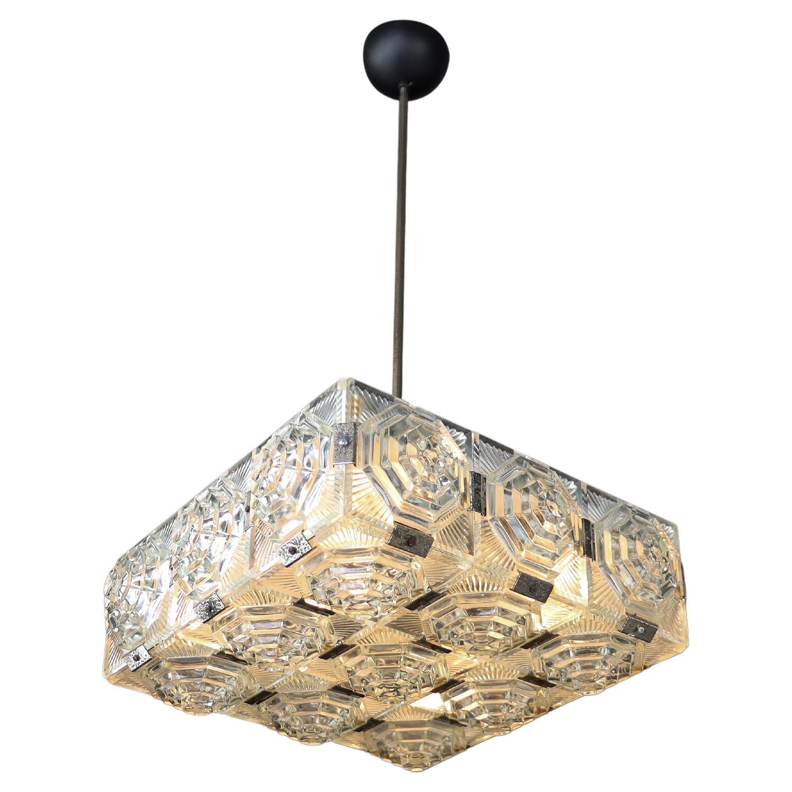 Bohemian Mid Century Modern Glass & Chrome Chandelier, Czechoslovakia, 1970s