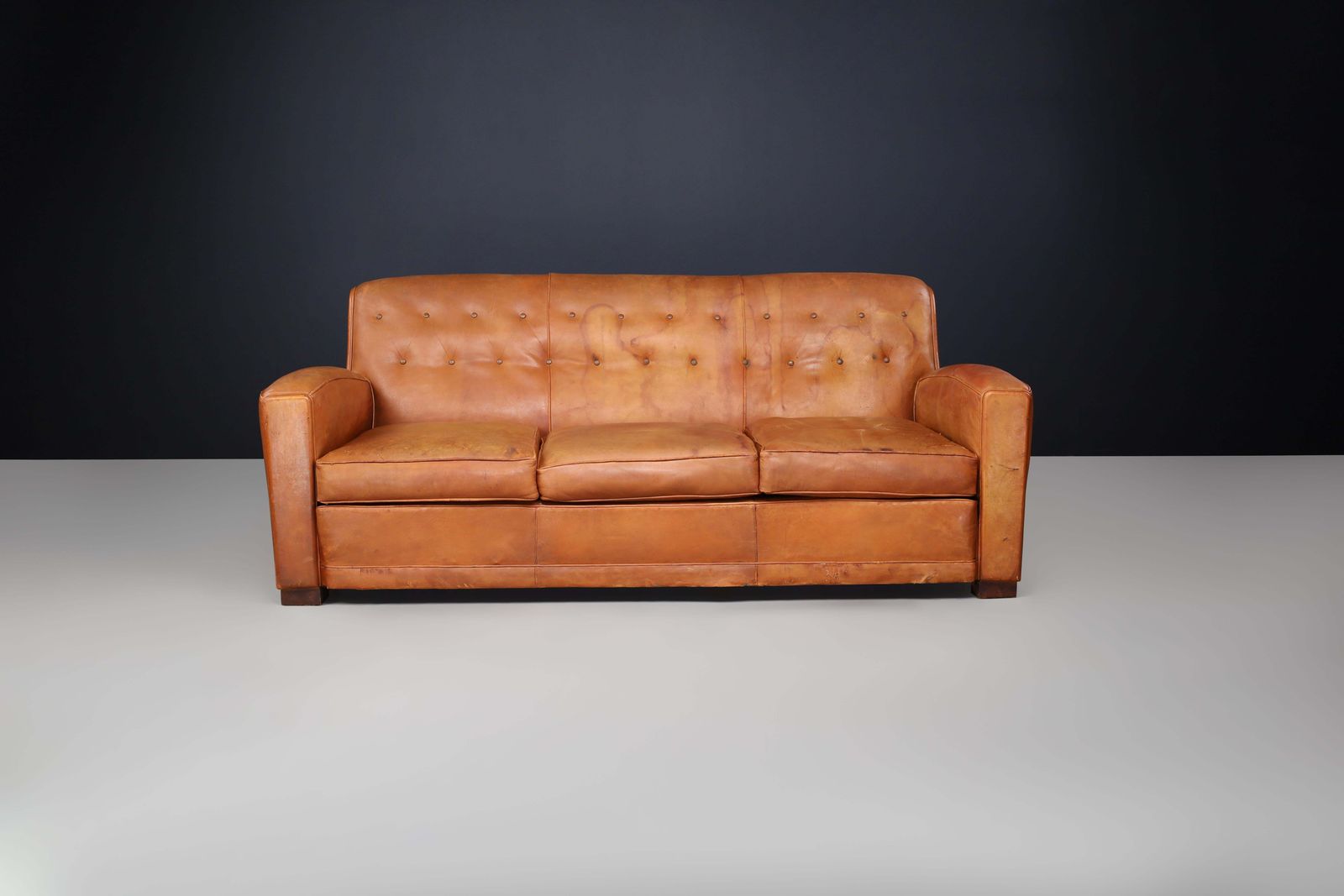 French Art Deco Patinated Leather Lounge Sofa, France, 1930s photo Furniture