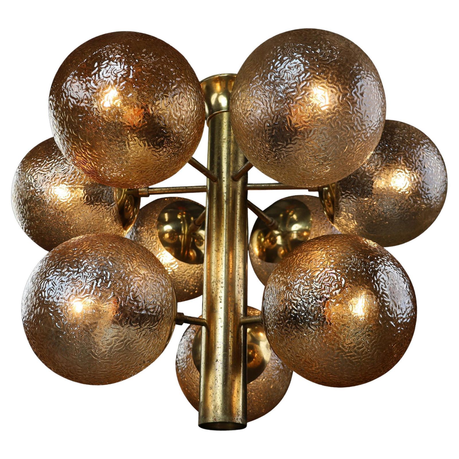 Patinated Brass Chandelier With Nine Gold Colored Globes, Germany 1960s