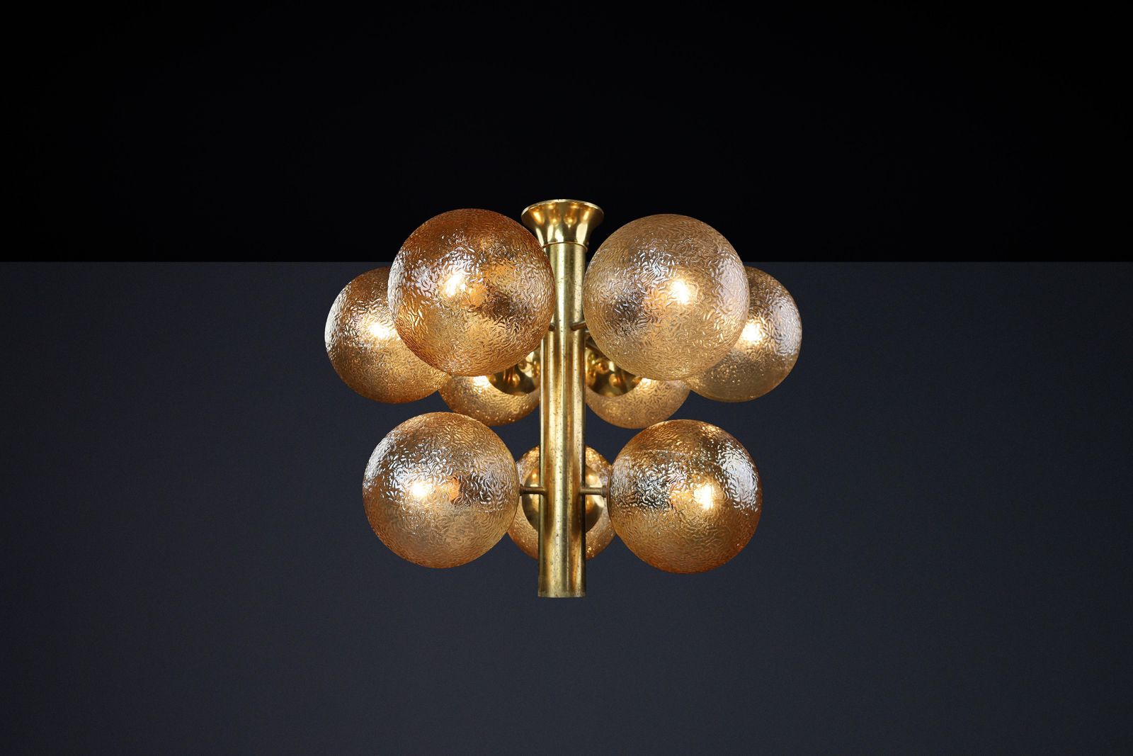 Patinated Brass Chandelier With Nine Gold Colored Globes, Germany 1960s photo for sale