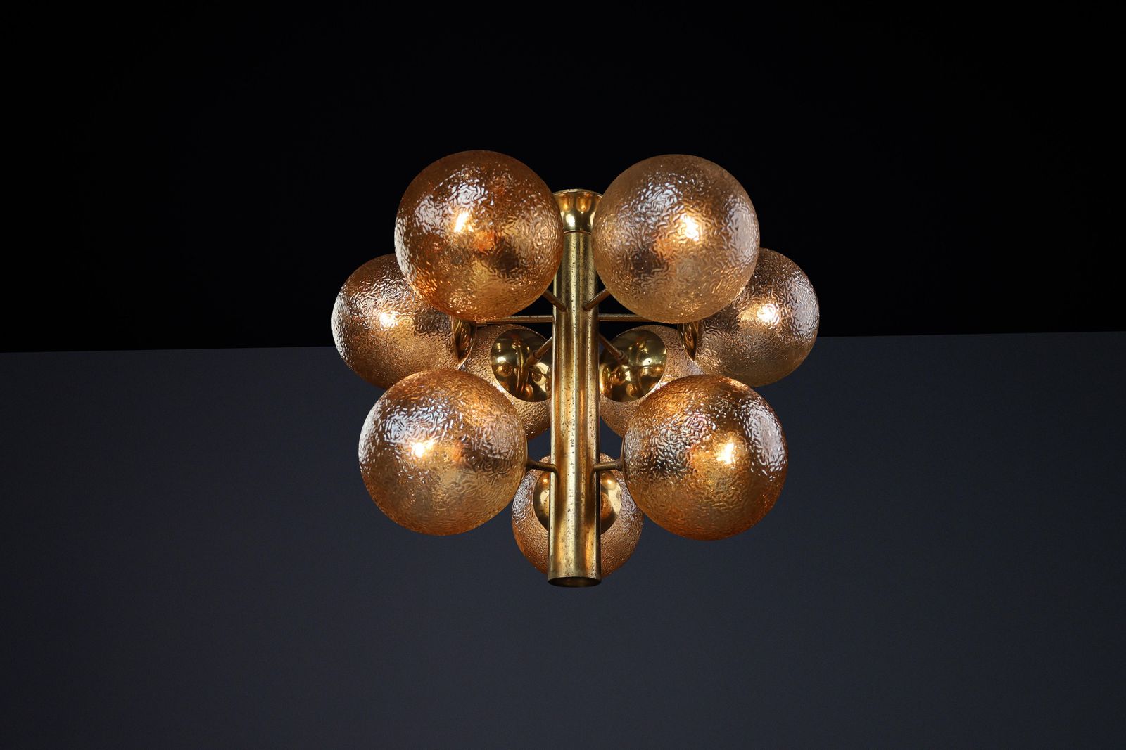 Patinated Brass Chandelier With Nine Gold Colored Globes, Germany 1960s photo Lighting