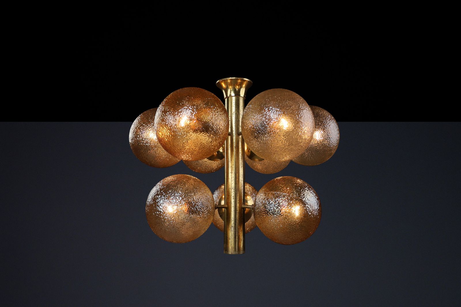 Patinated Brass Chandelier With Nine Gold Colored Globes, Germany 1960s photo vinterior