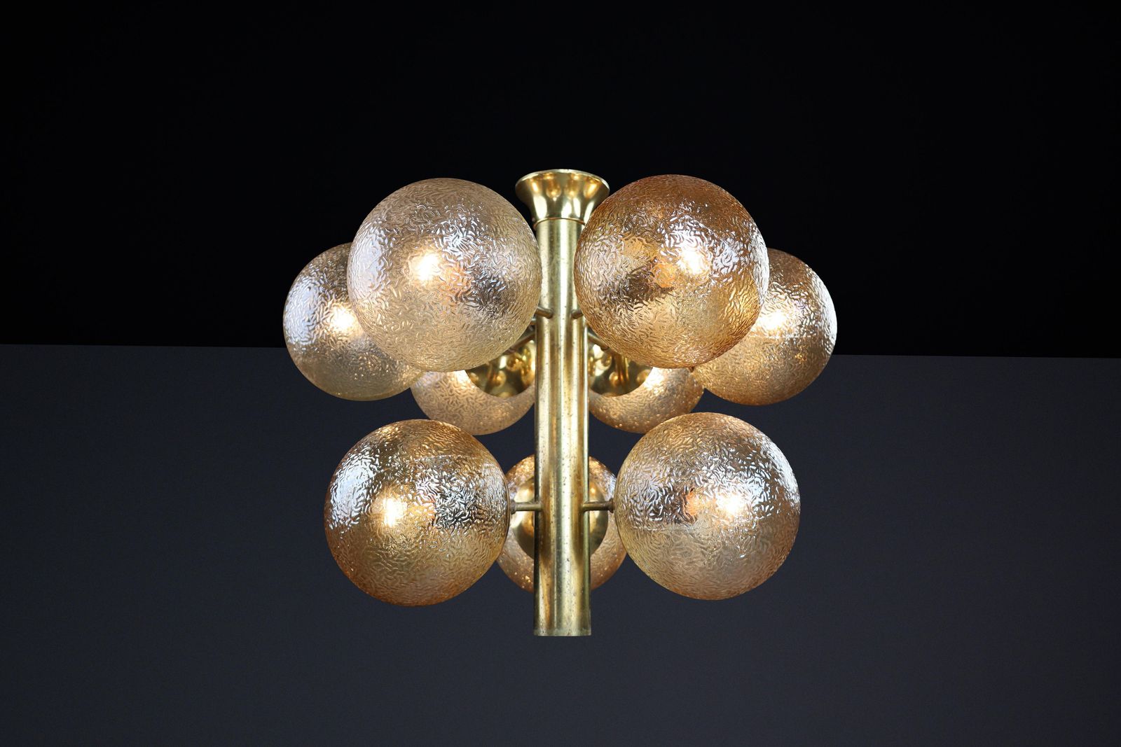 Patinated Brass Chandelier With Nine Gold Colored Globes, Germany 1960s photo buy