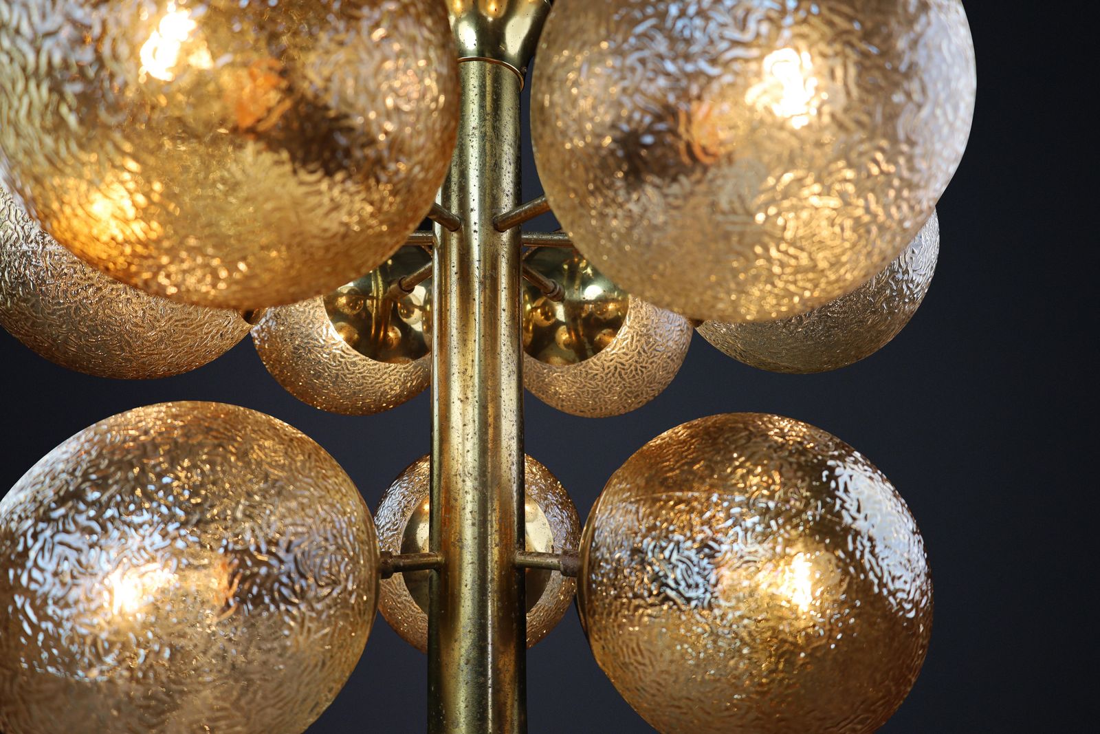 Patinated Brass Chandelier With Nine Gold Colored Globes, Germany 1960s photo vintage
